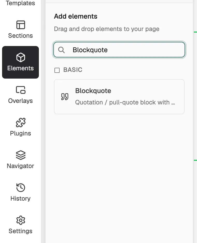 The Elements panel with Blockquote found in the Basic group.