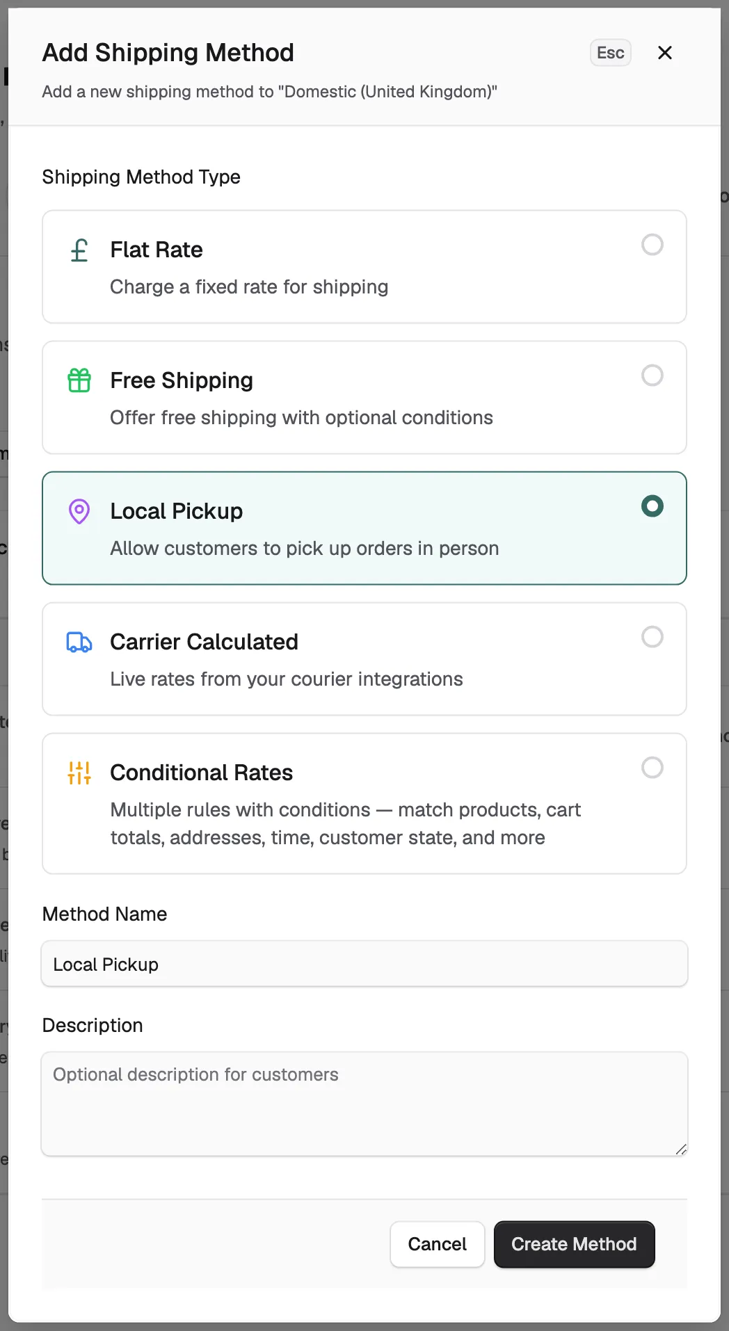 The Add Shipping Method window with Local Pickup chosen and the method name filled in.