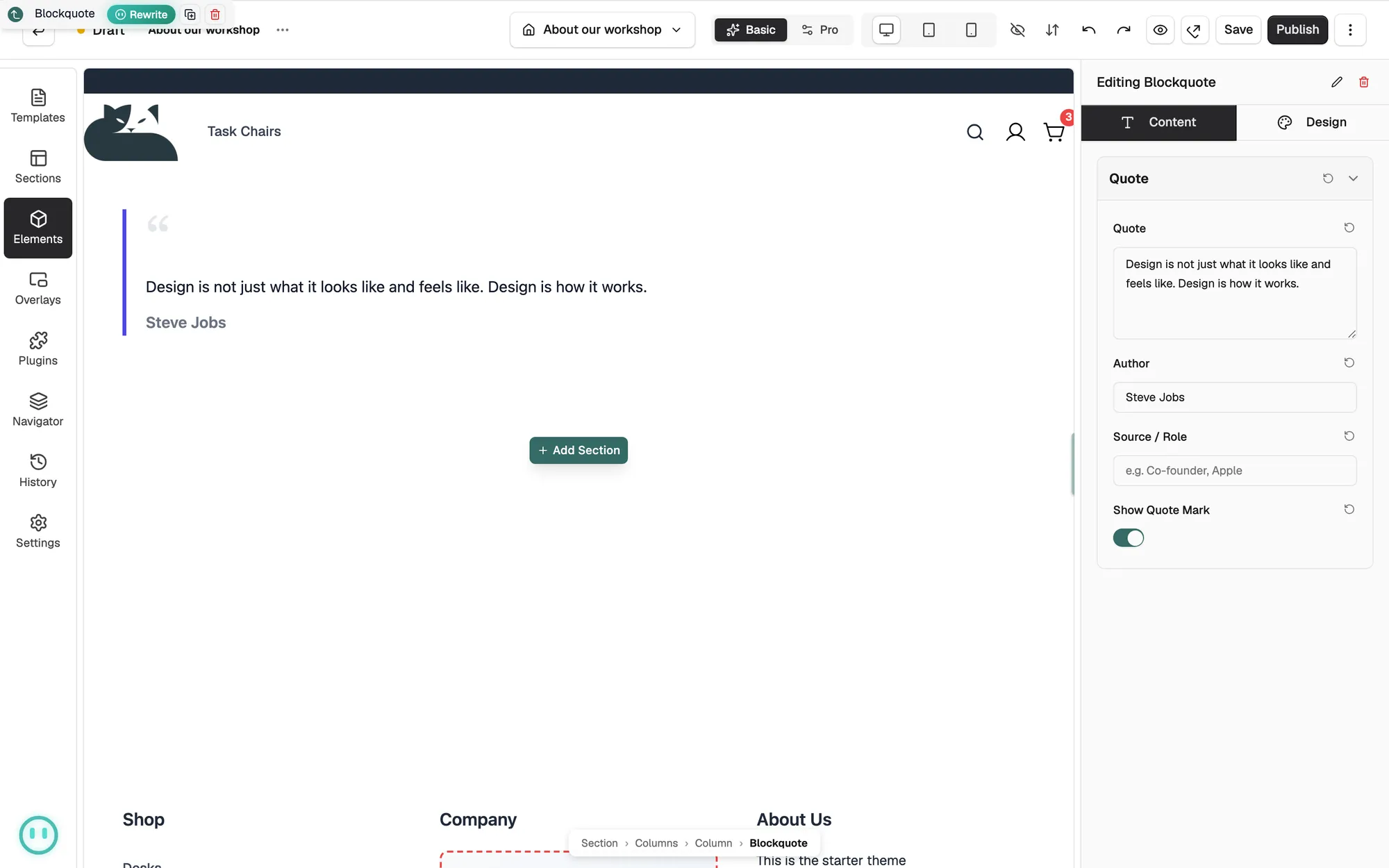 A Blockquote on the canvas with the Quote, Author and Source fields on the right.