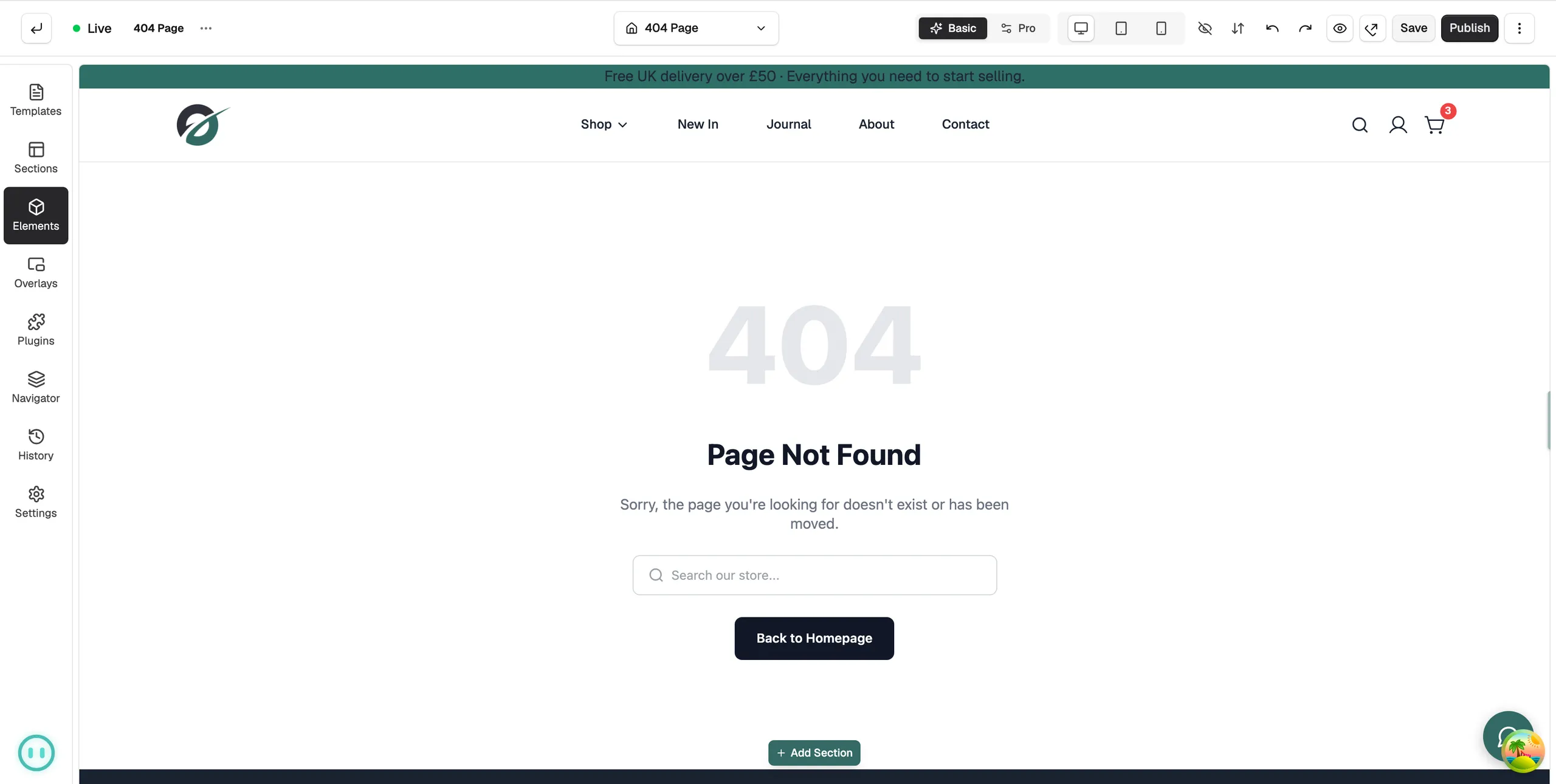 The 404 Page template open in Page Builder, showing the 404 heading, a message, a search box and a Back to Homepage button