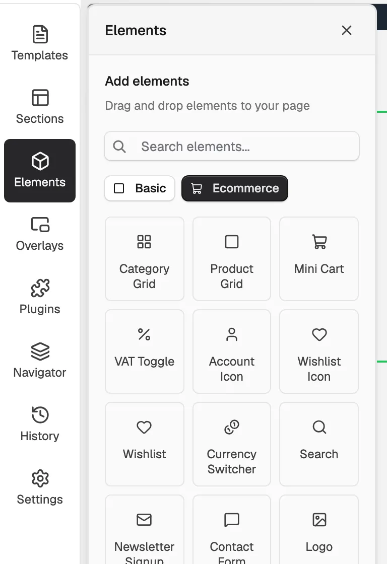 The Ecommerce group in the Elements panel of the page builder.