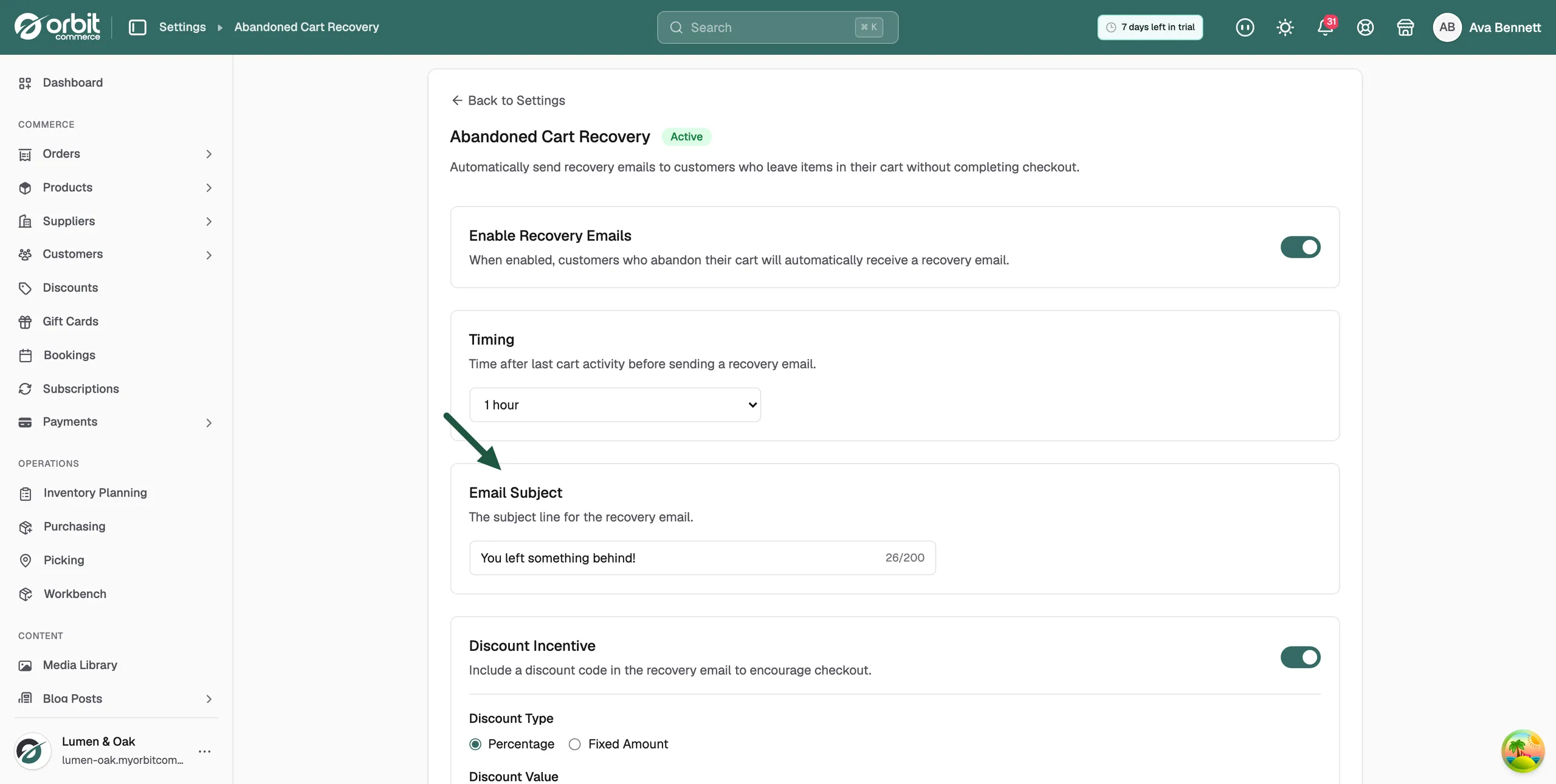 The Email Subject card with the subject field and its character counter