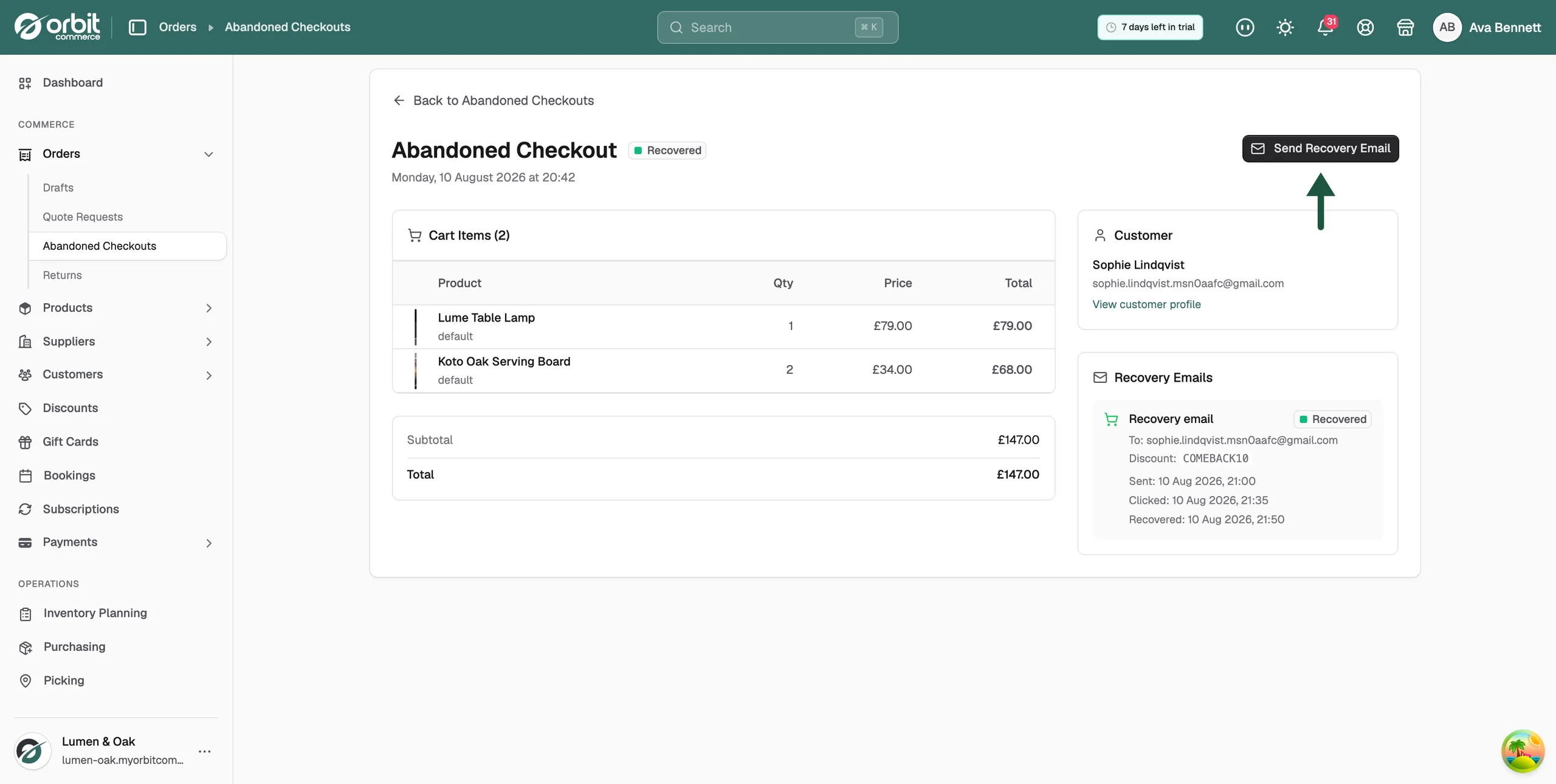 An abandoned checkout page showing the Recovered badge, the Cart Items table, the Customer panel and the Recovery Emails timeline