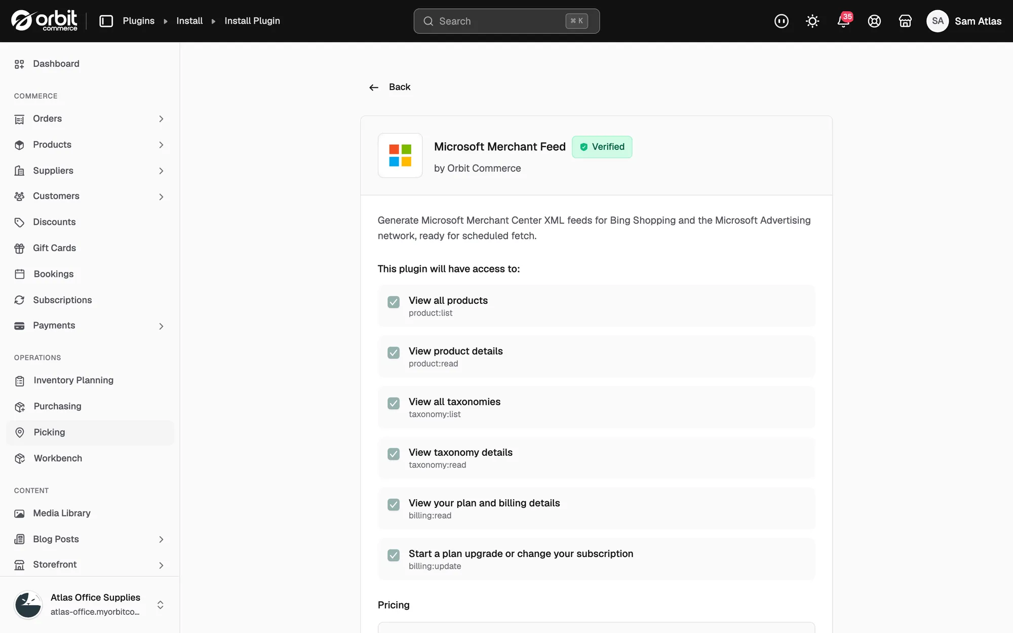 The Microsoft Merchant Feed details page listing the access the plugin is granted when you install it.