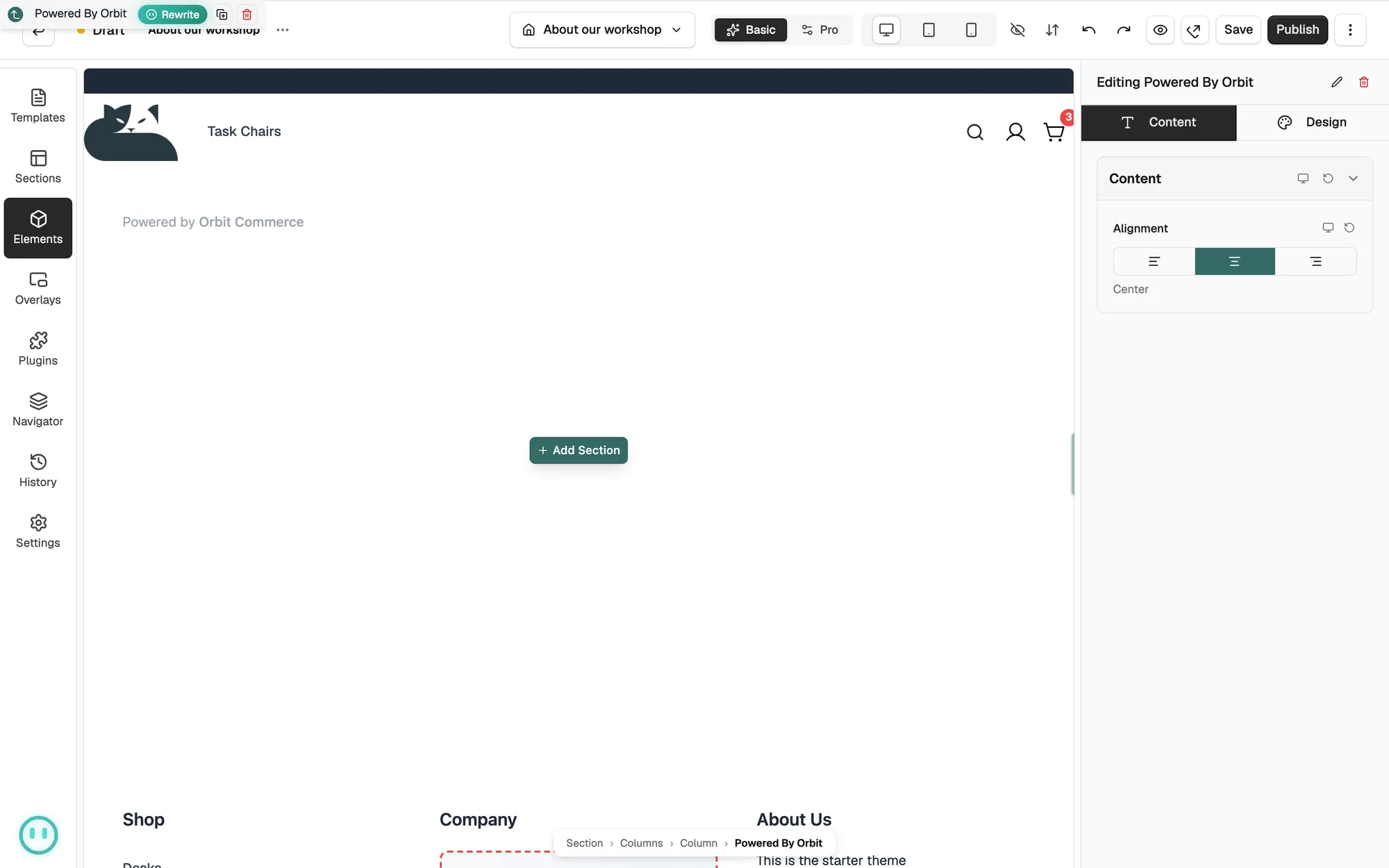 The Powered by Orbit Commerce credit on the canvas with the Alignment setting on the right.
