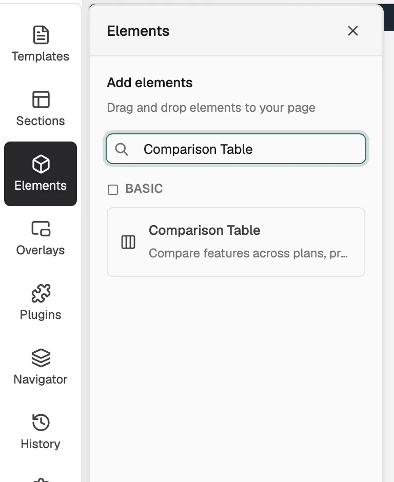 The Elements panel with Comparison Table found in the Basic group.