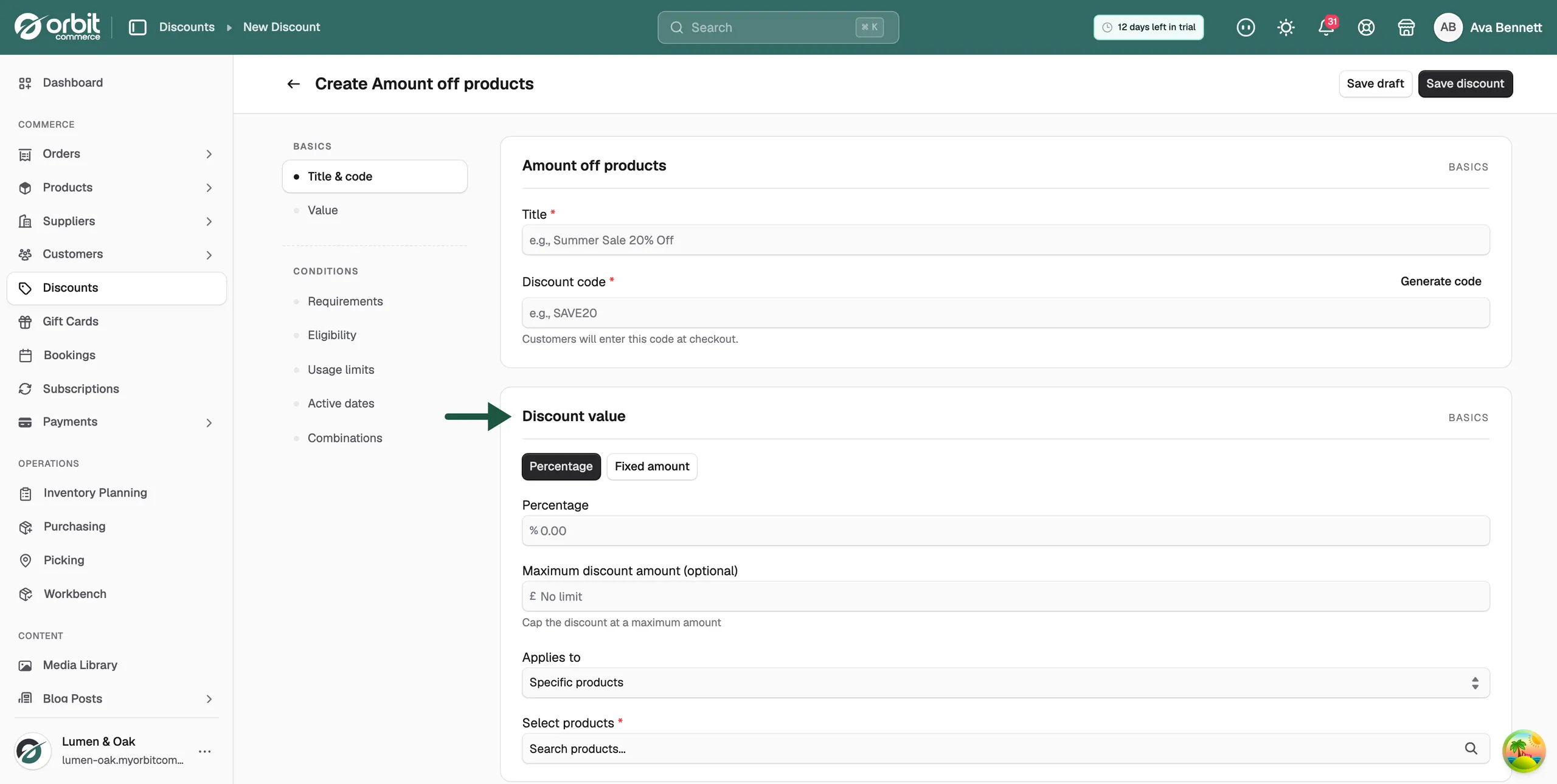The Discount value card with the Percentage and Fixed amount buttons, the percentage field, the maximum discount amount field and the Applies to list