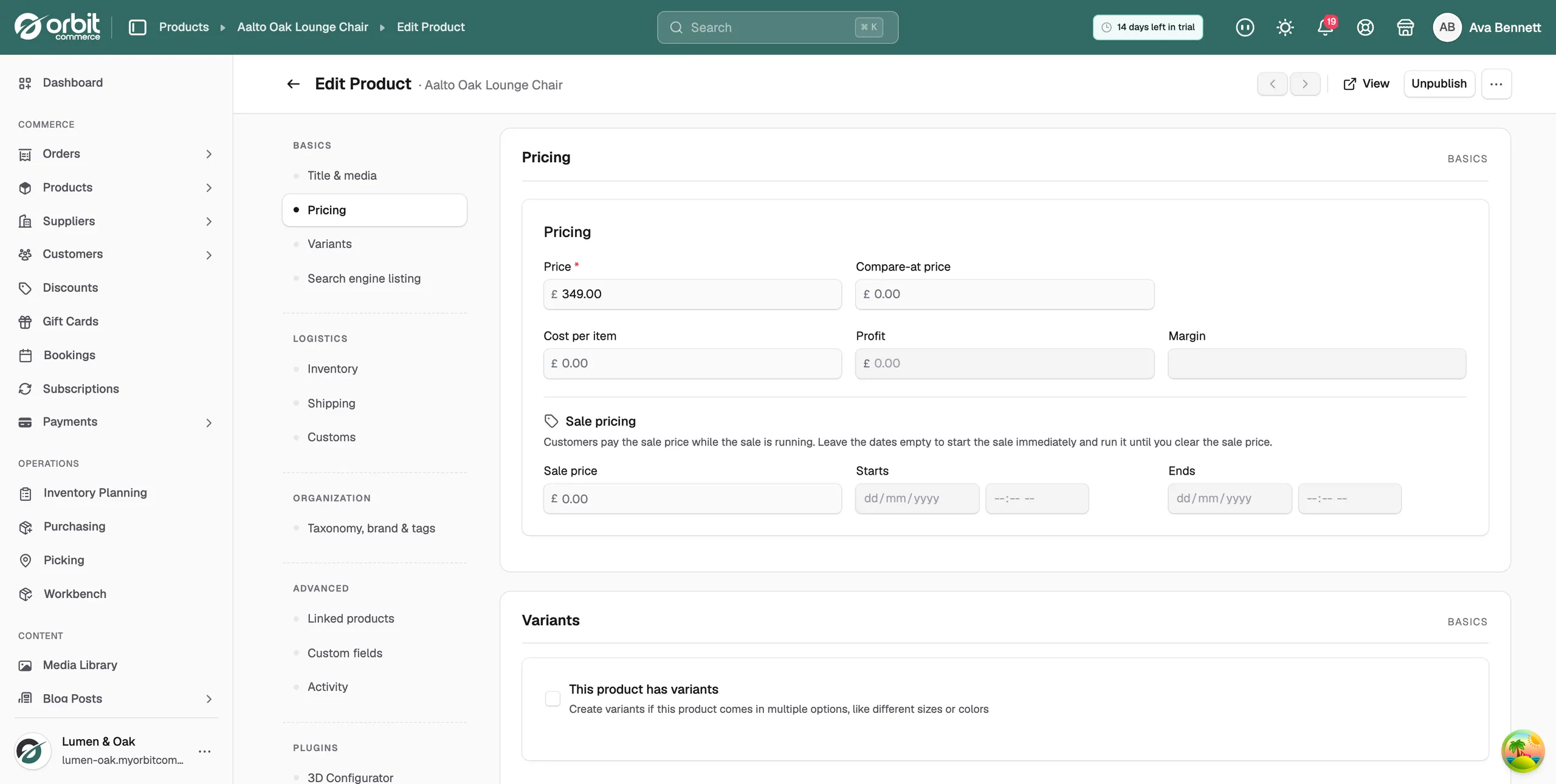 The Pricing section of the product editor, with the Price, Compare-at price, Cost per item, Profit, Margin and Sale pricing fields