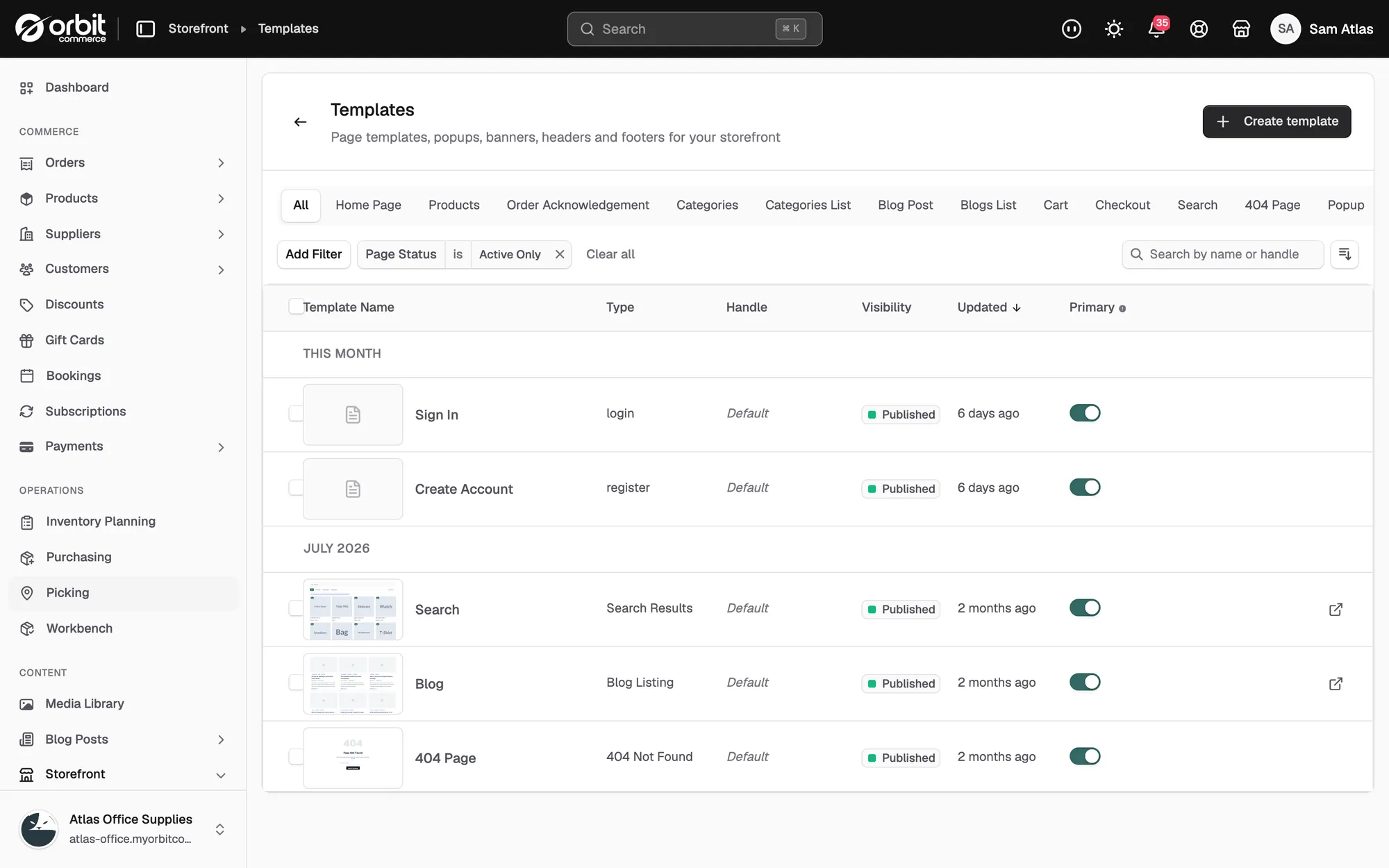 The Templates page on the All tab, with the type tabs and the Template Name, Type, Handle, Visibility, Updated and Primary columns.