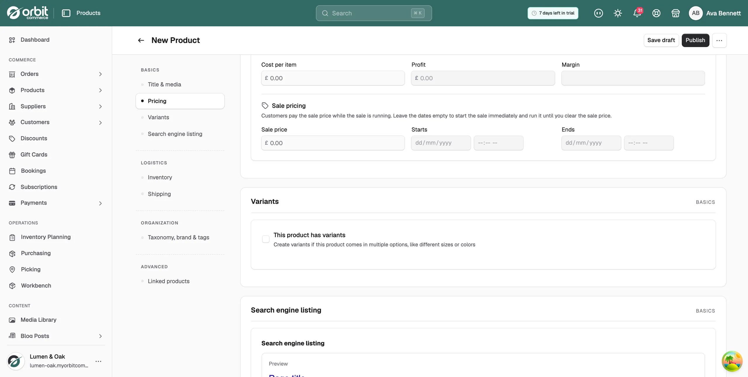 The Variants section with the This product has variants checkbox unticked