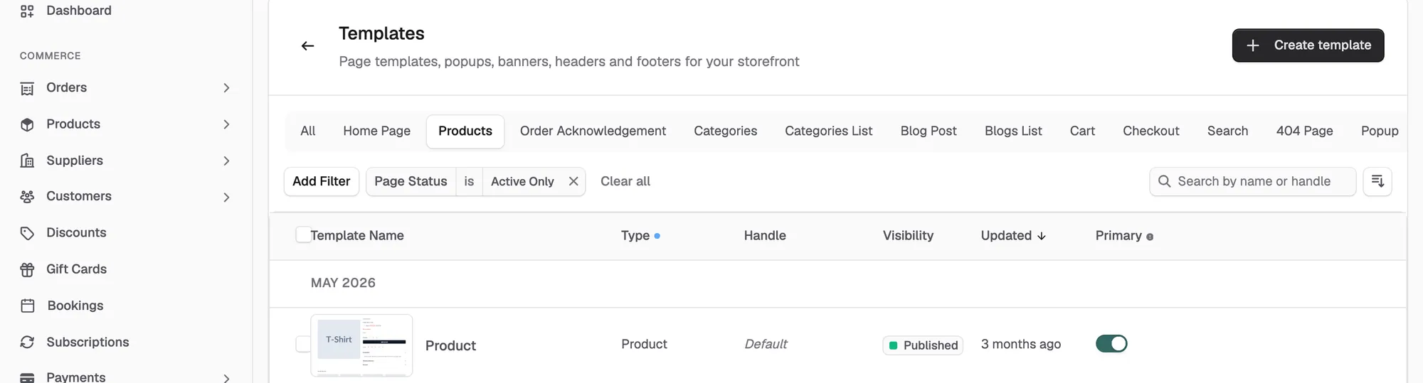 The Products tab of the Templates page with the default product template listed.