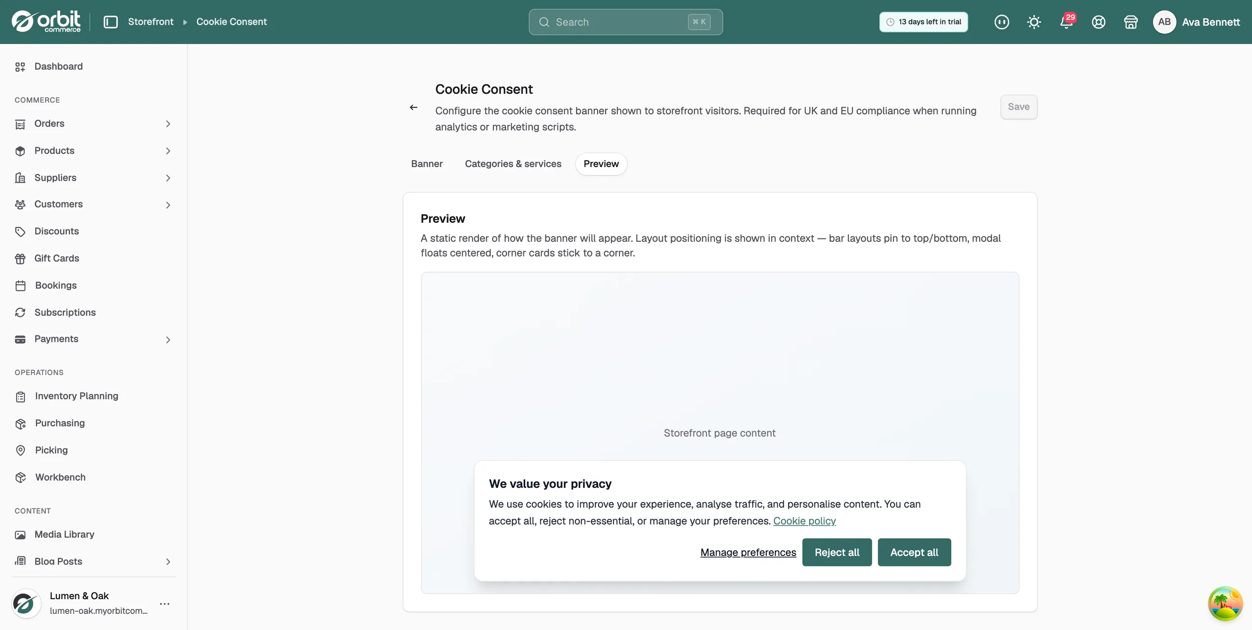 The Preview tab showing the banner as a centred modal with the Manage preferences link and matching Reject all and Accept all buttons