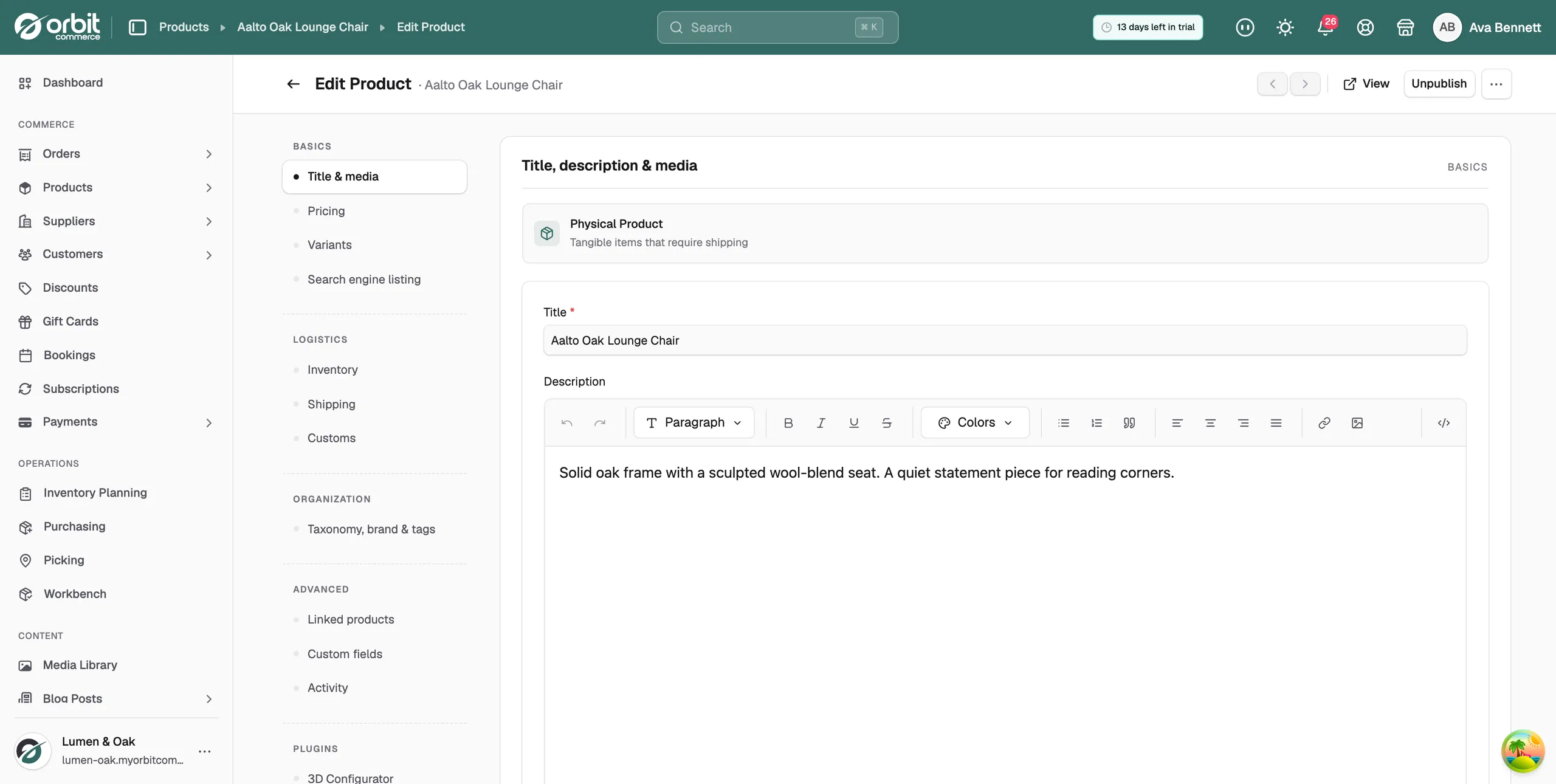 The left-hand menu of the product editor, listing sections grouped under Basics, Logistics, Organization and Advanced