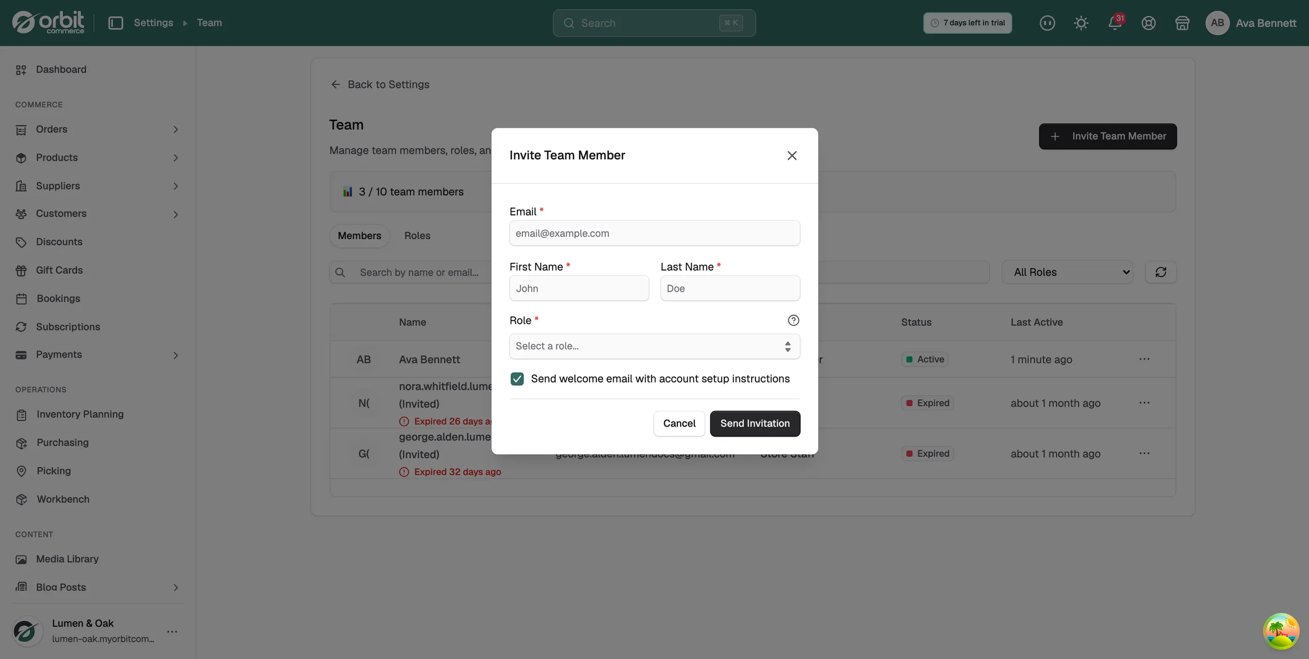 The Invite Team Member form with the Email, First Name, Last Name and Role fields and the welcome email tick box