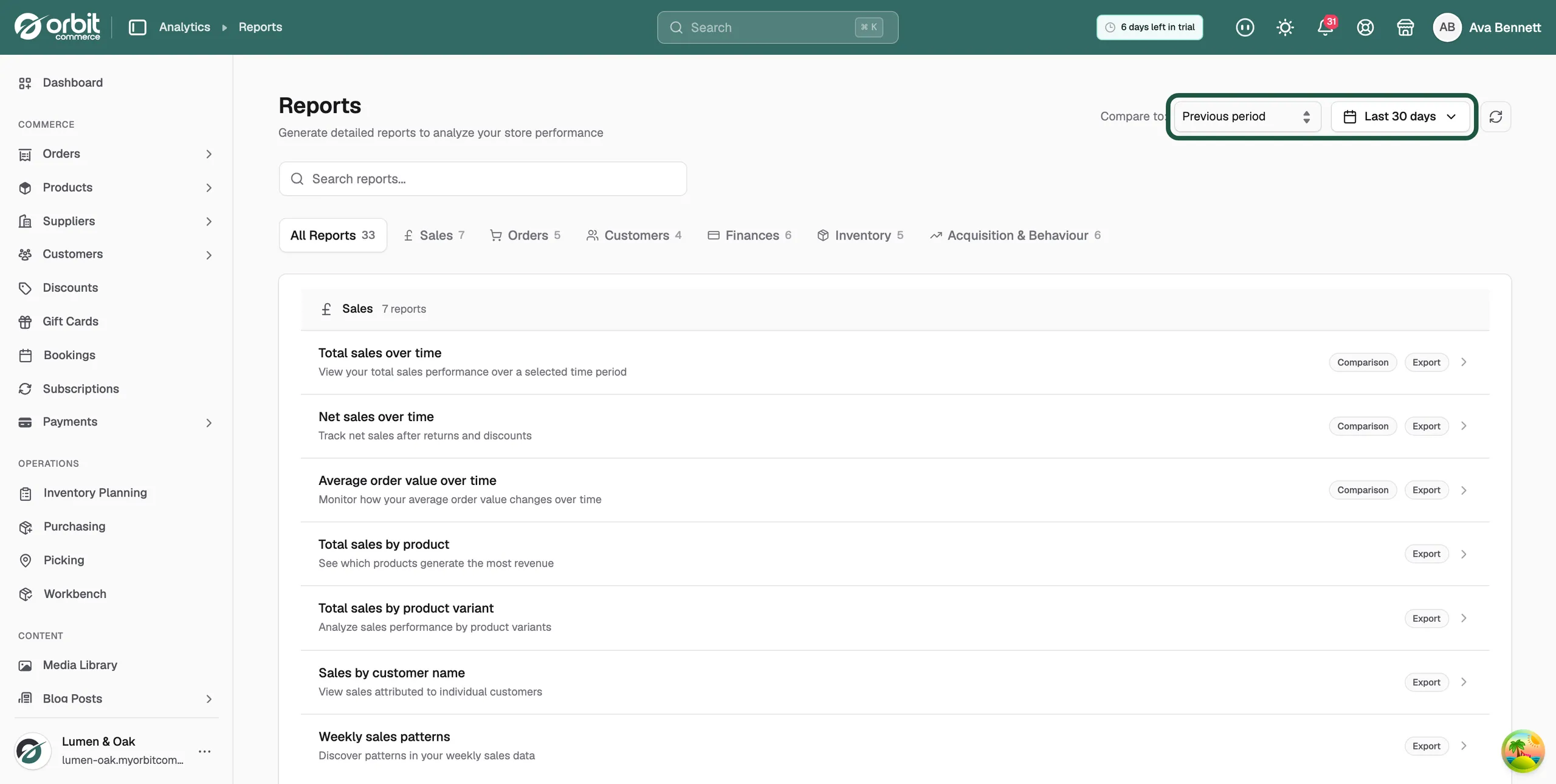 The Compare to and date range controls at the top right of the Reports page, next to the refresh button