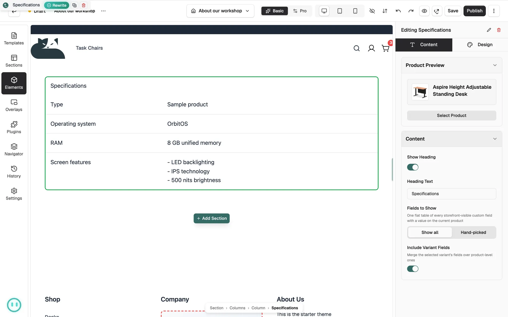A Specifications table on the canvas with the Content settings open on the right.