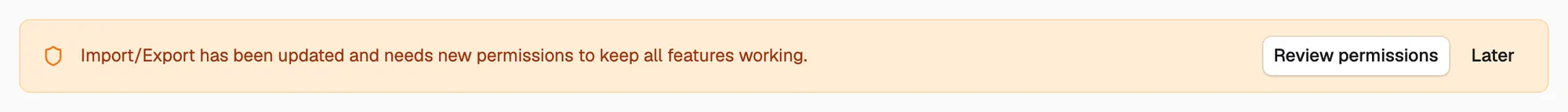 The banner at the top of a plugin page saying the plugin needs new permissions, with Review permissions and Later.
