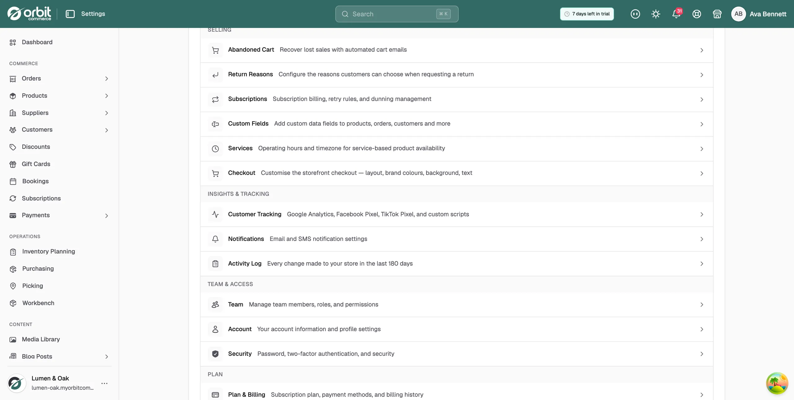 The Settings page scrolled to the Selling, Insights and Tracking, Team and Access and Plan groups