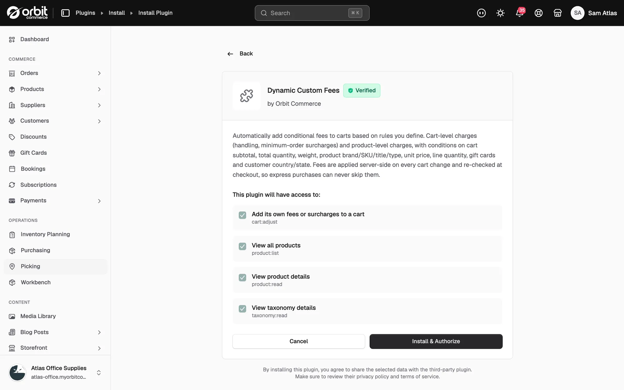 The Dynamic Custom Fees details page listing the access the plugin is granted when it is enabled for your store.