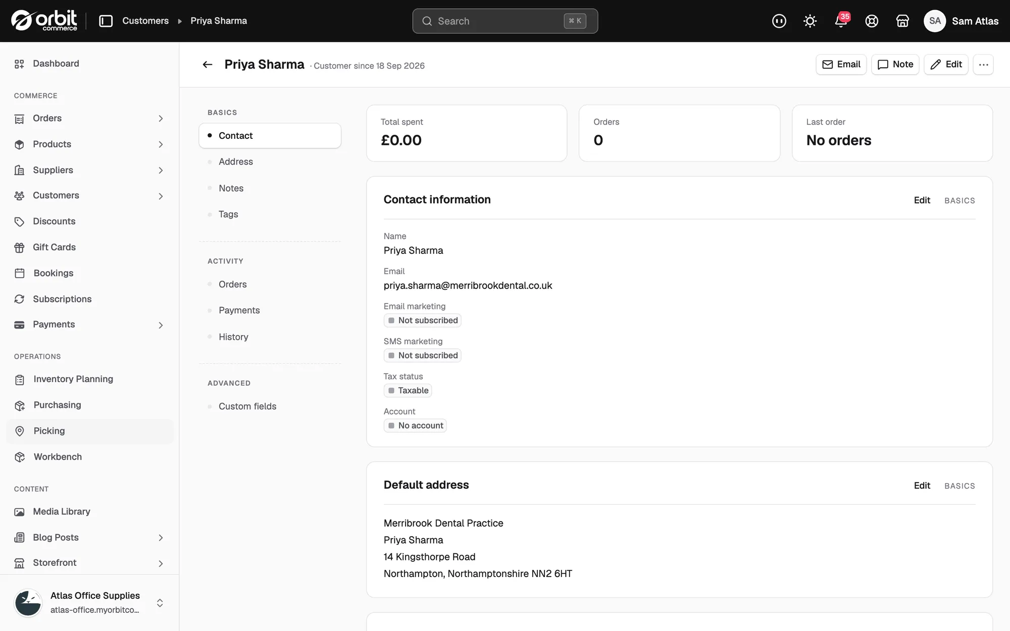 A customer profile with the Email, Note and Edit buttons at the top right and the Contact information card below.