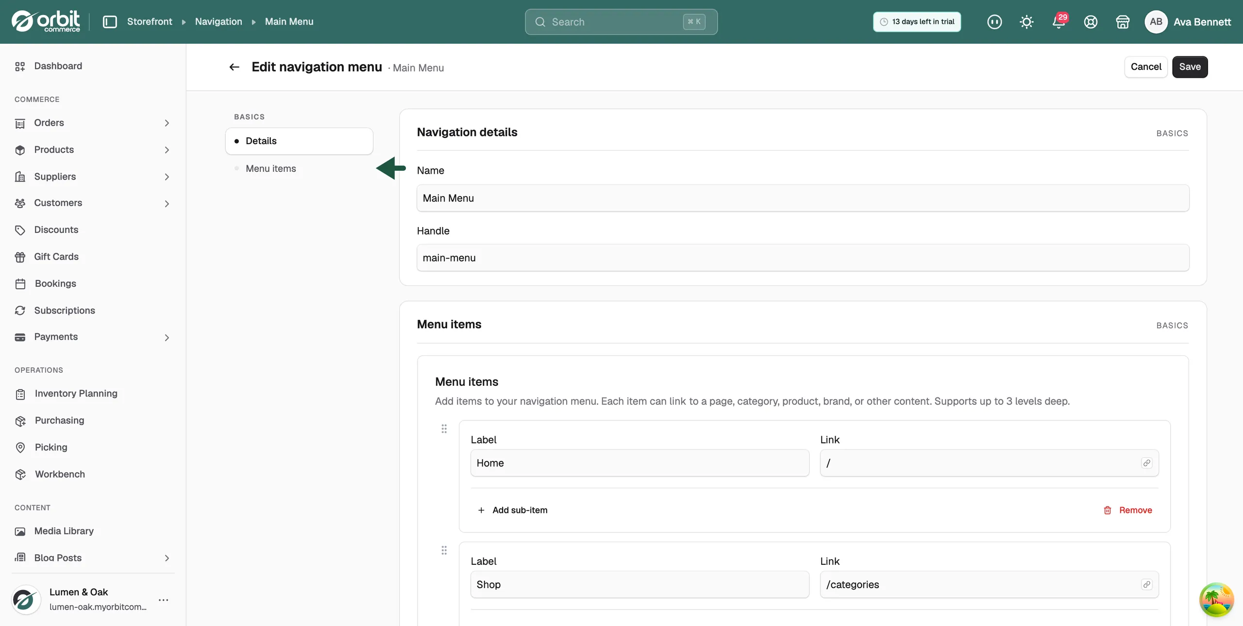 The navigation menu editor, with the Navigation details card showing Name and Handle, and the Menu items card with Label and Link fields for each item