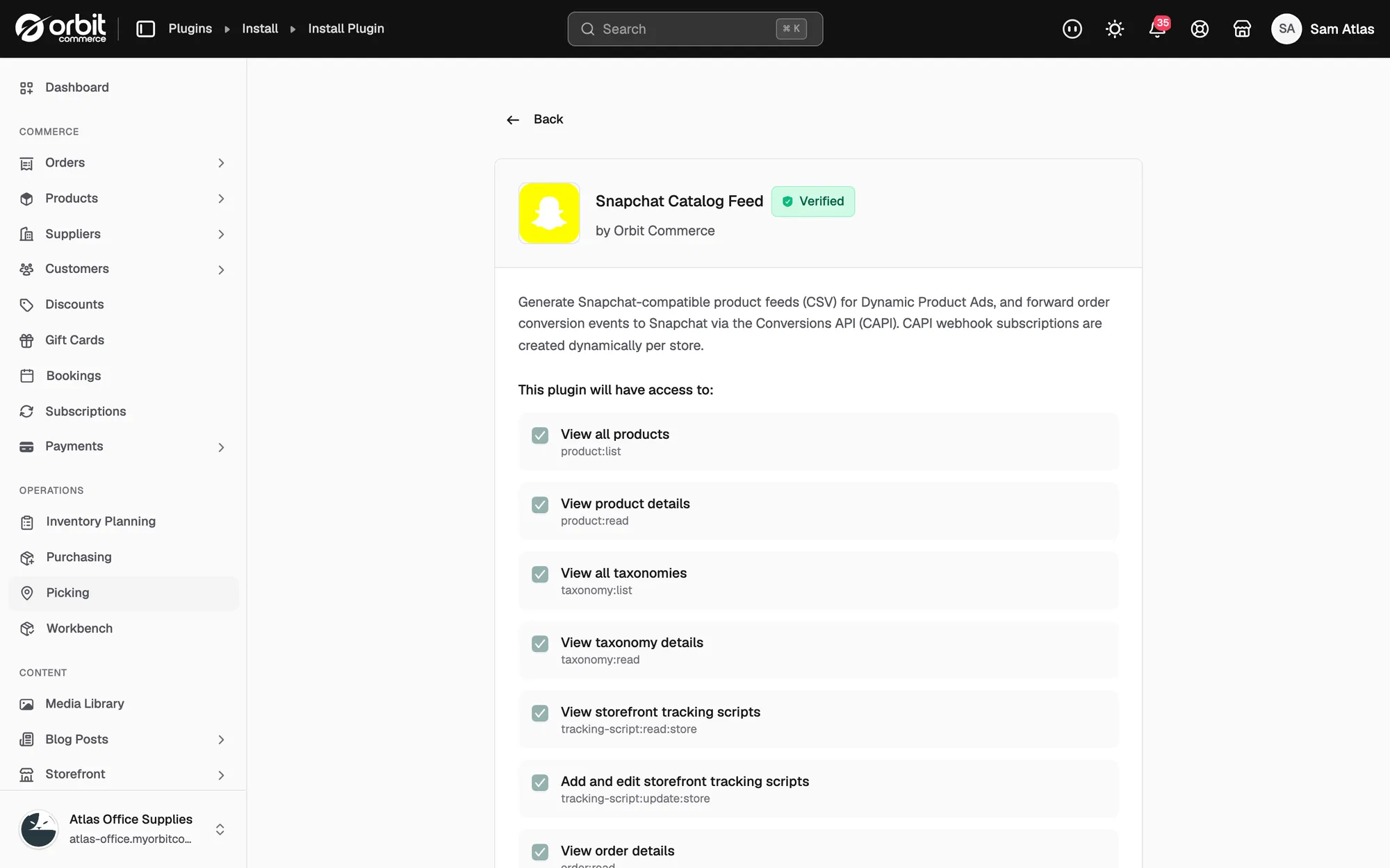 The Snapchat Catalog Feed details page listing the access the plugin is granted when you install it.