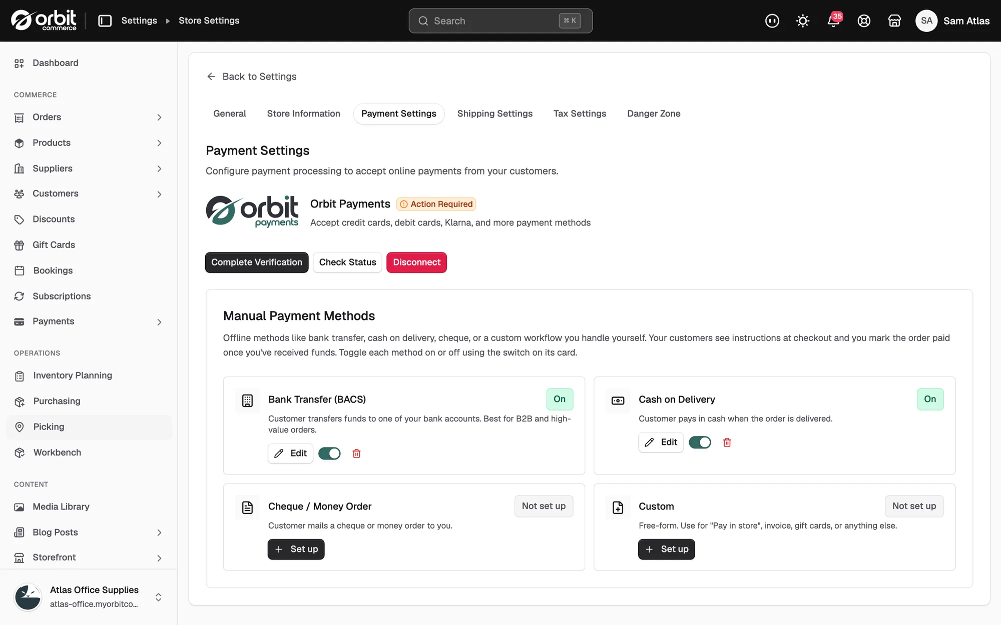 The Payment Settings tab, with the Orbit Payments card and the manual payment methods below it.