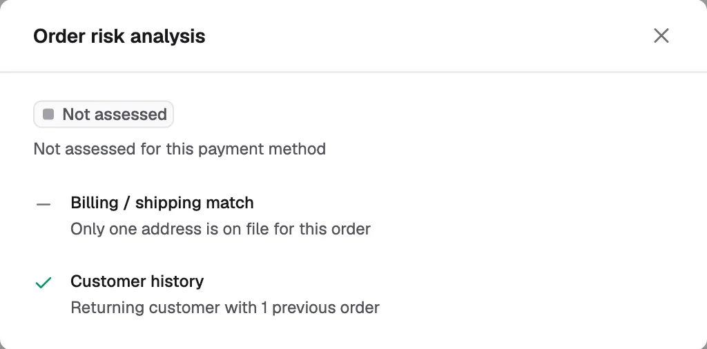 The Order risk analysis window with a dash beside a check that could not run and a tick beside one that passed.