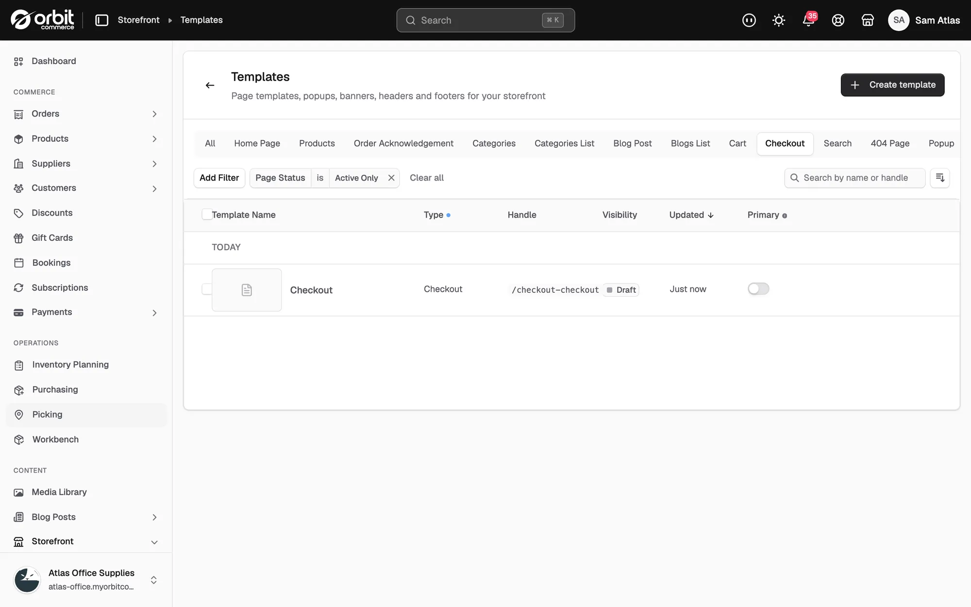 The Checkout tab of the Templates page with a checkout template listed as a draft.