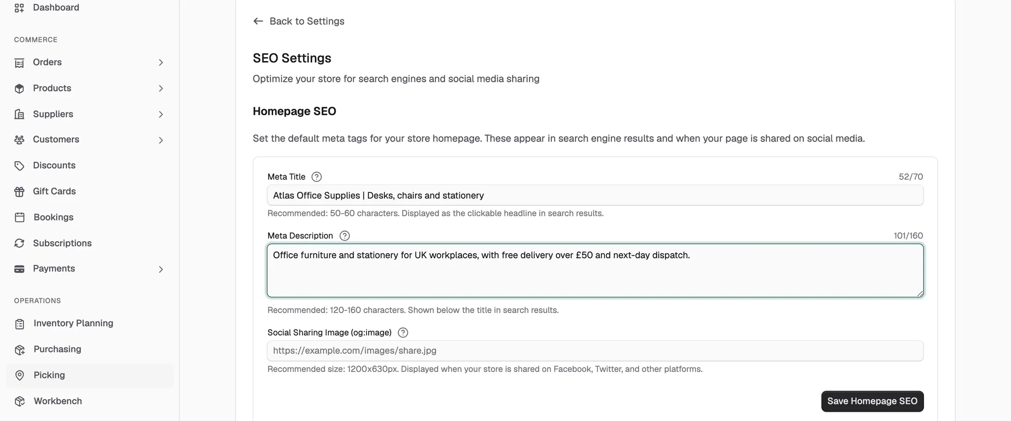 The Homepage SEO card on the SEO Settings page, with the meta title, meta description and social sharing image address.