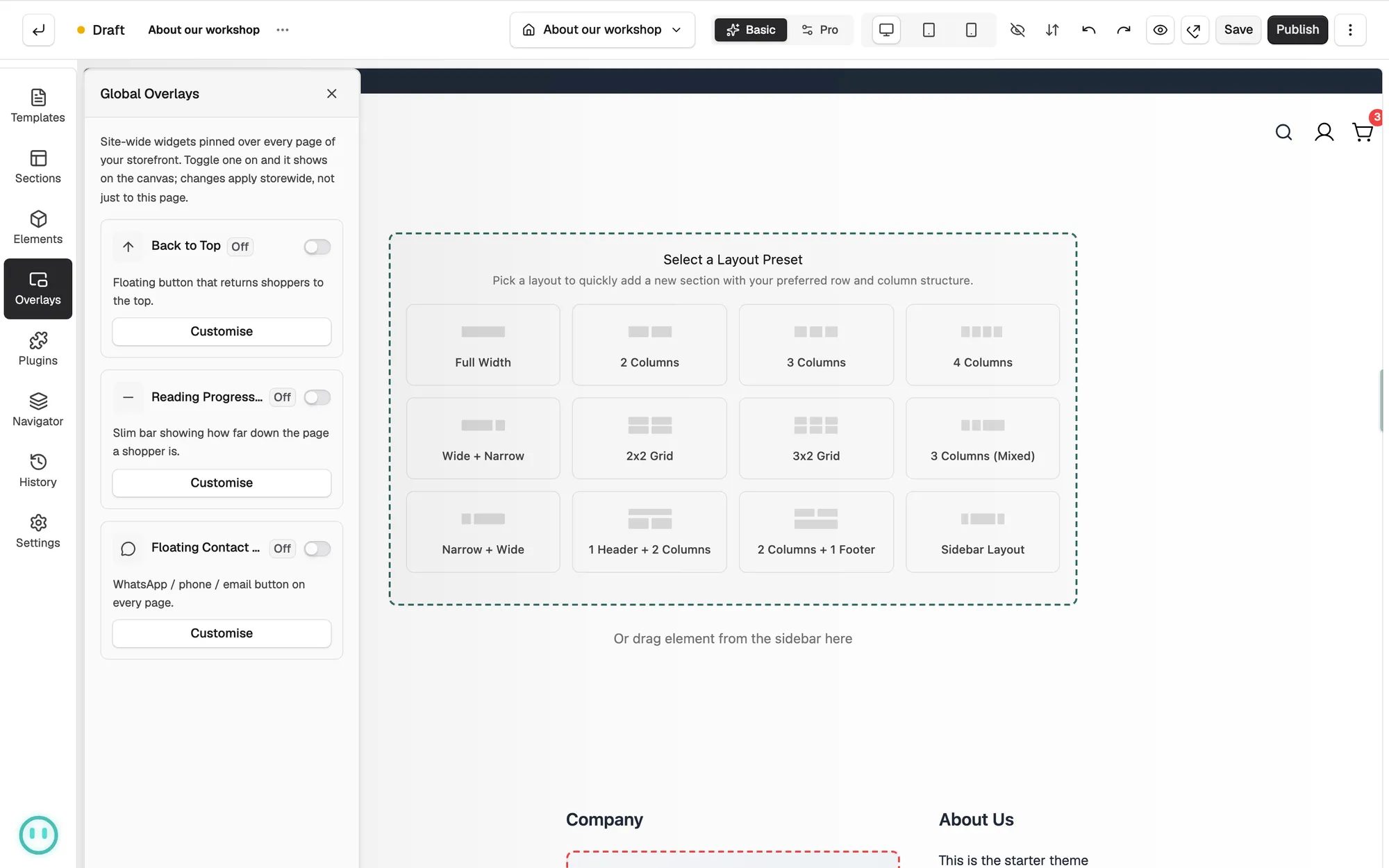 The Global Overlays panel with the Back to Top, Reading Progress Bar and Floating Contact Button cards.