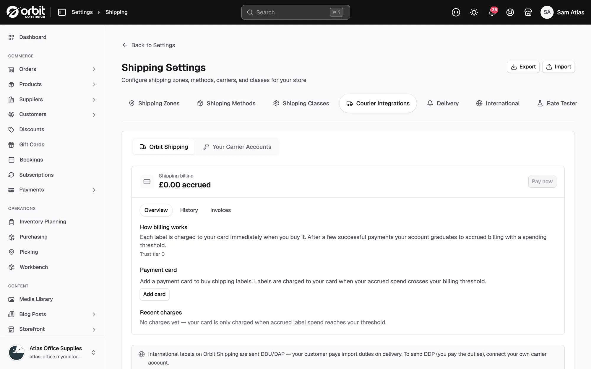 The Shipping billing panel on the Courier Integrations tab, showing the amount accrued and the Overview, History and Invoices tabs.