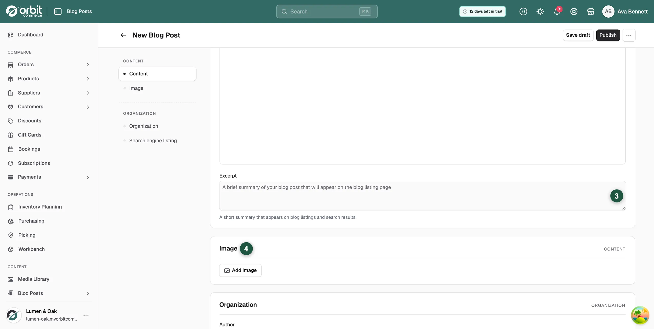 The Image card of a blog post, with the Add image button