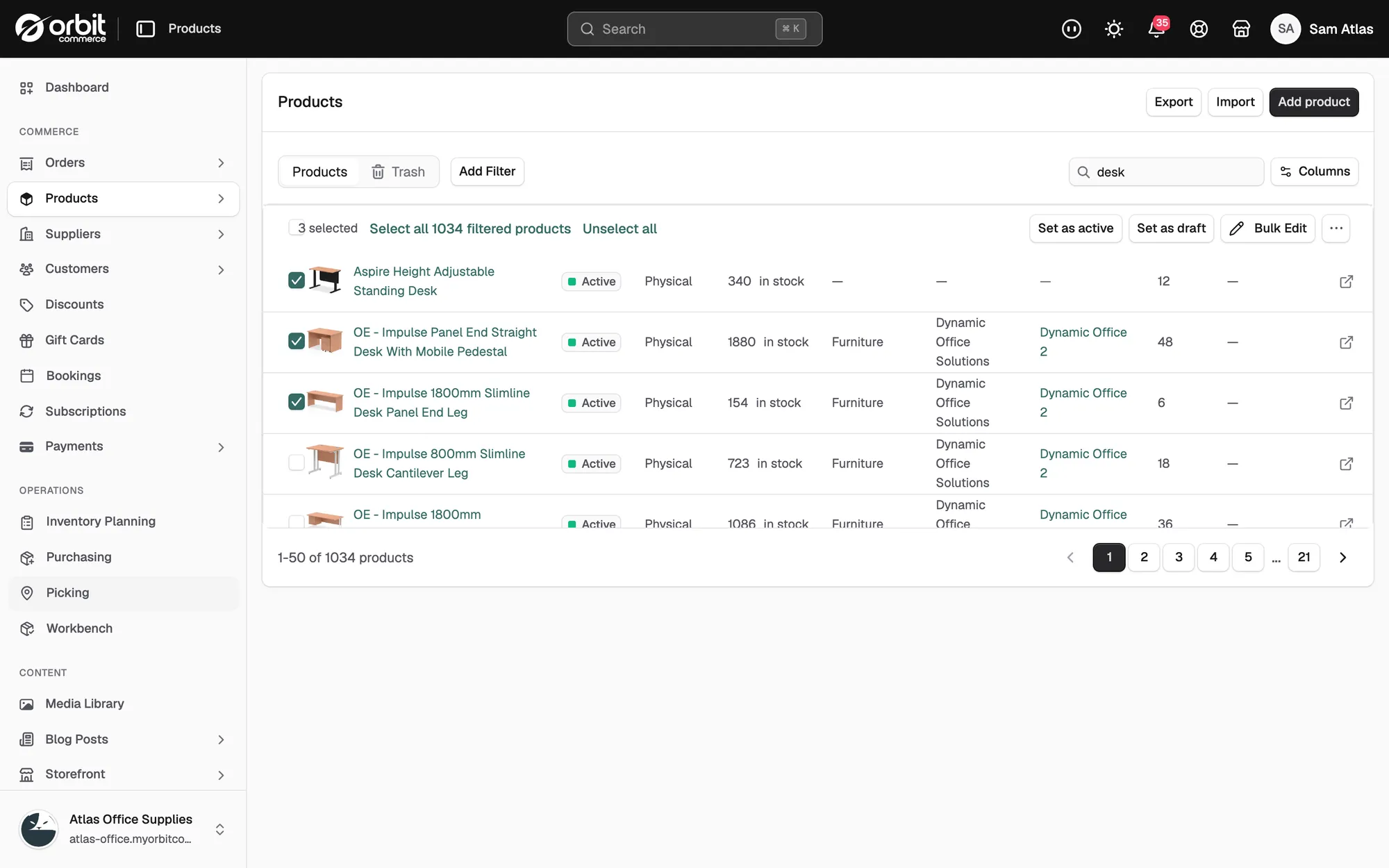 Three products ticked on the Products list, with Set as active and Set as draft in the bar above them.