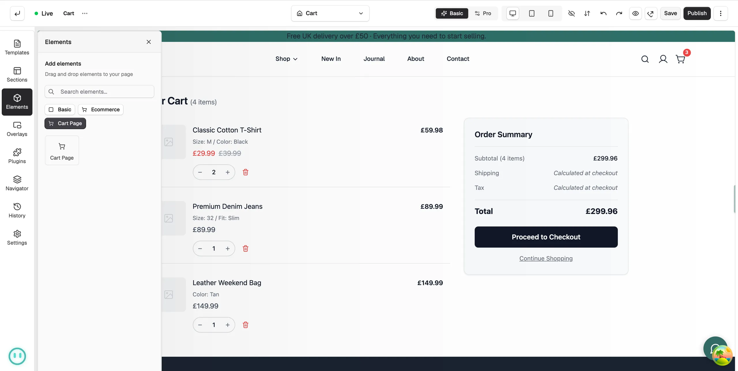 The Cart Page element selected on the canvas with its settings panel open on the right