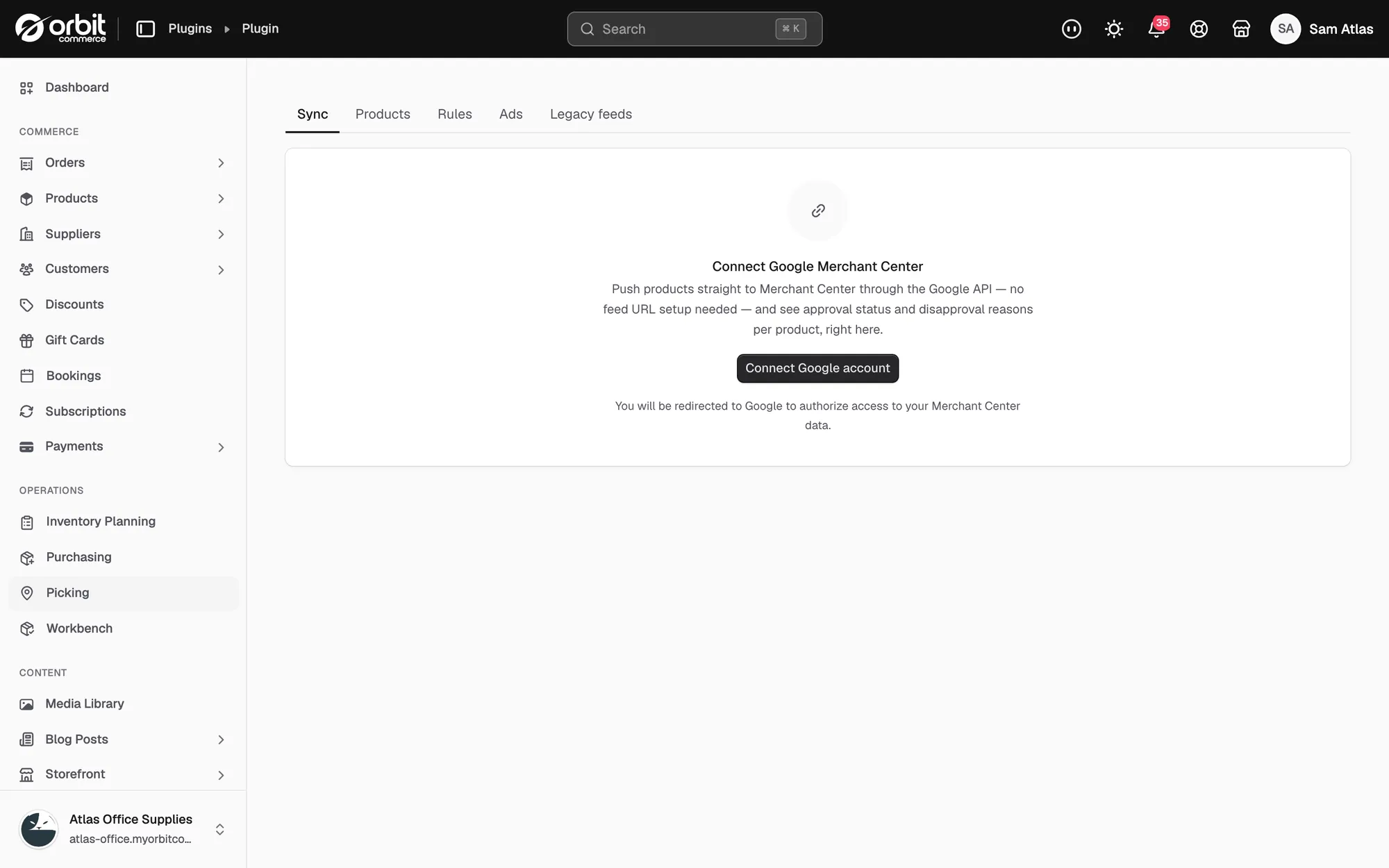 The Sync tab before Google is connected, with the Connect Google account button.