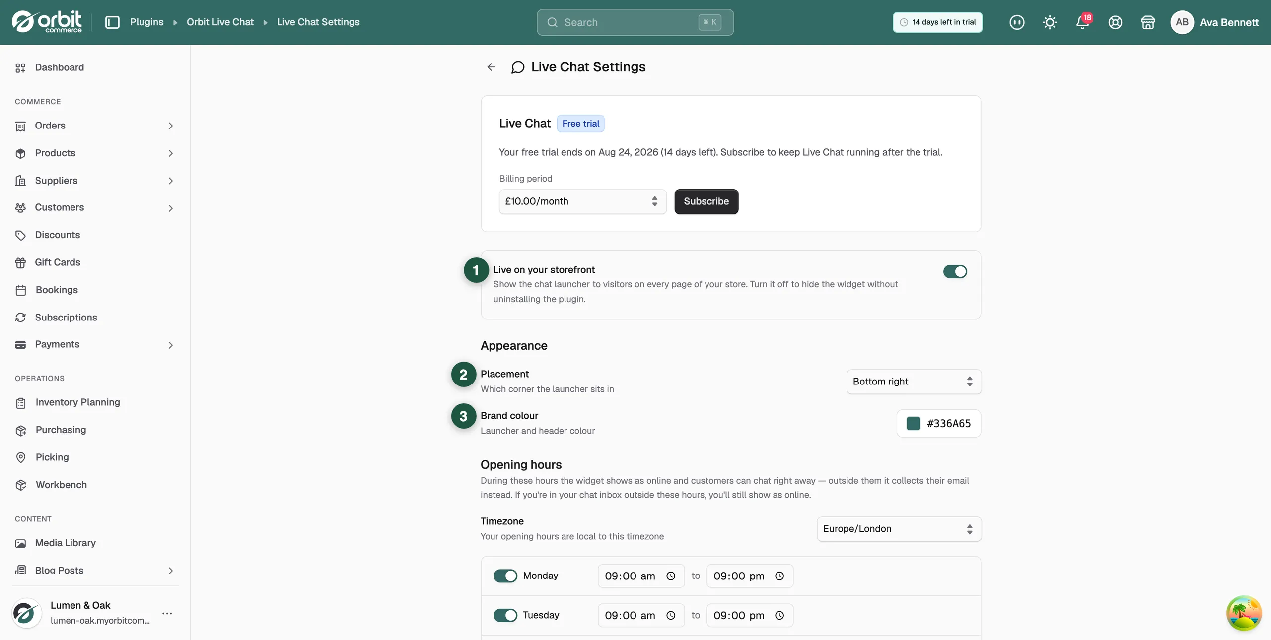 The Live Chat settings page, with the Live on your storefront switch, the Placement options and the Brand colour swatch