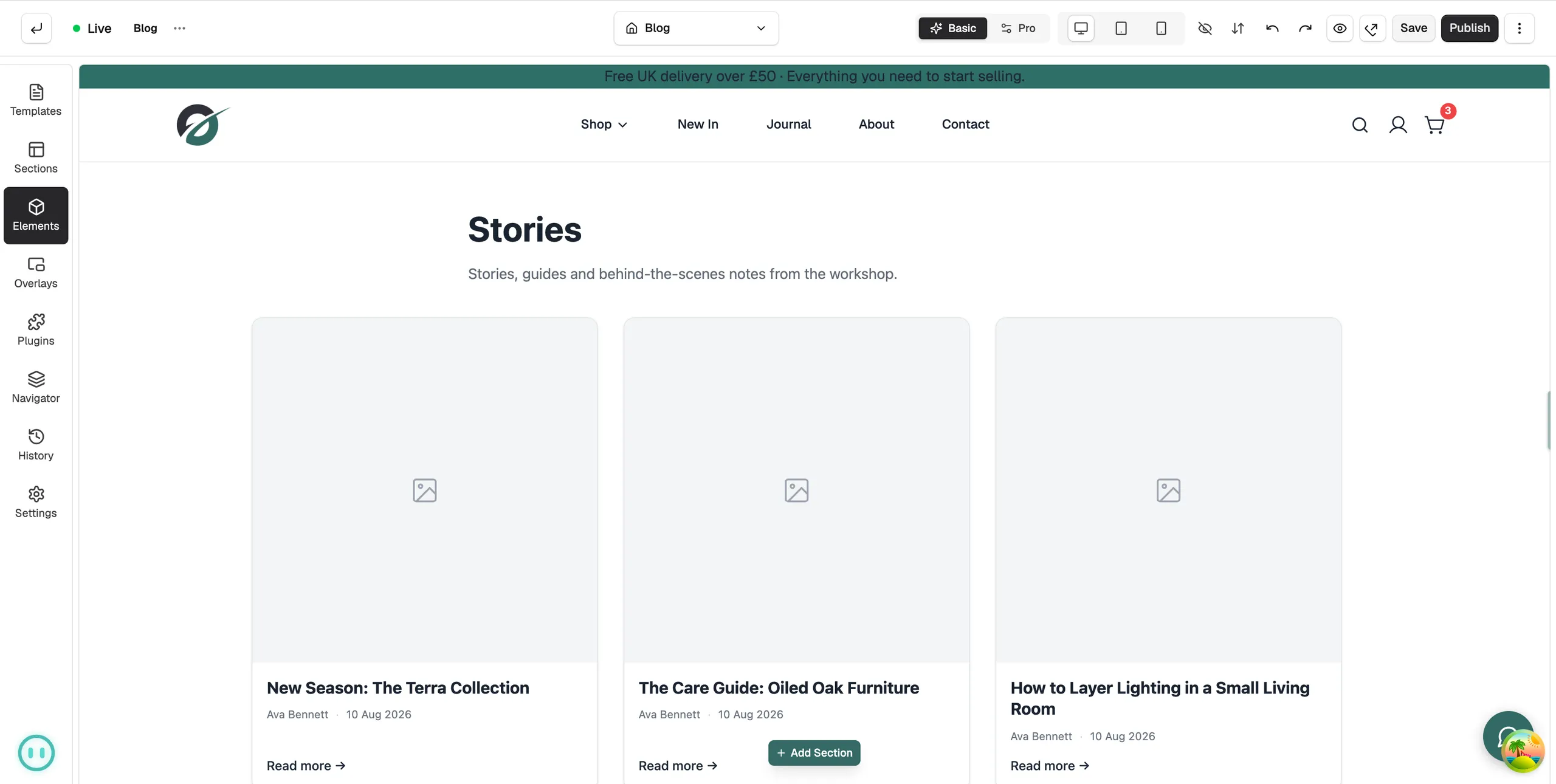 A blog template open in the page builder, showing post cards with an image, title, date and excerpt