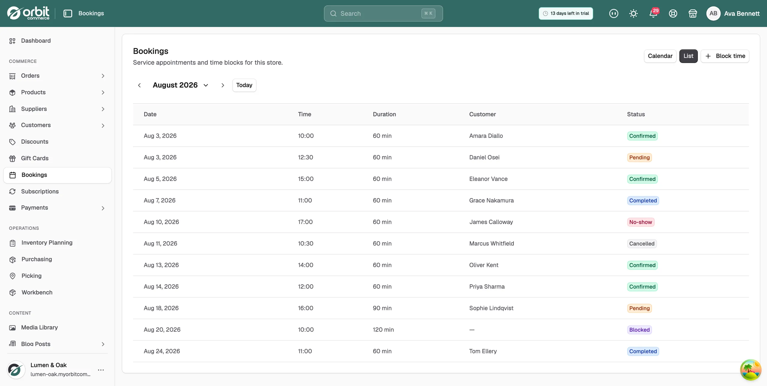 The Bookings page in List view, showing a table with Date, Time, Duration, Customer and Status columns