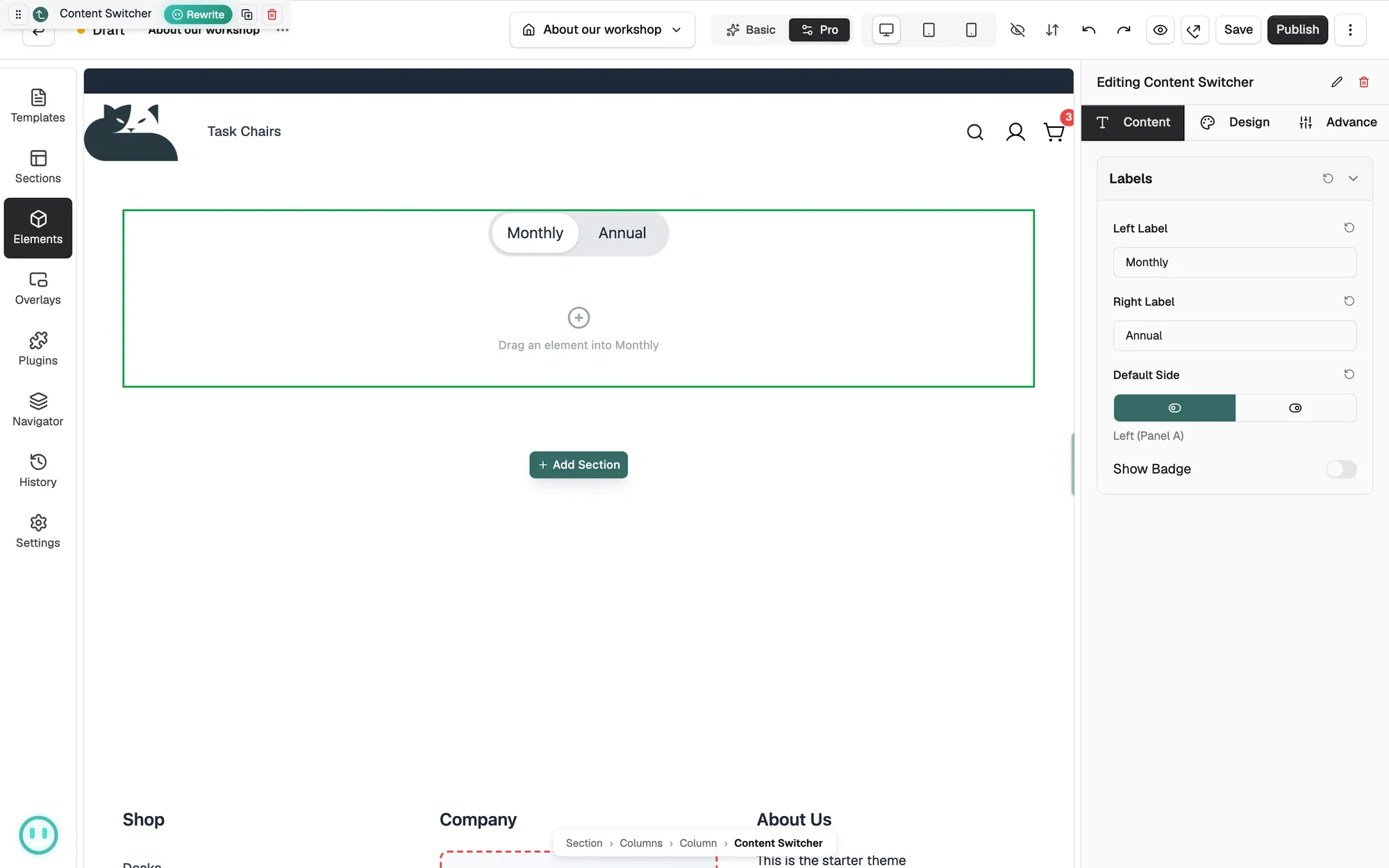A Content Switcher on the canvas with an empty Monthly panel and the Labels settings on the right.
