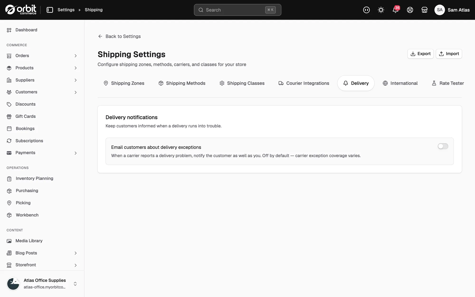 The Delivery tab under Settings then Shipping, with the Email customers about delivery exceptions switch off.
