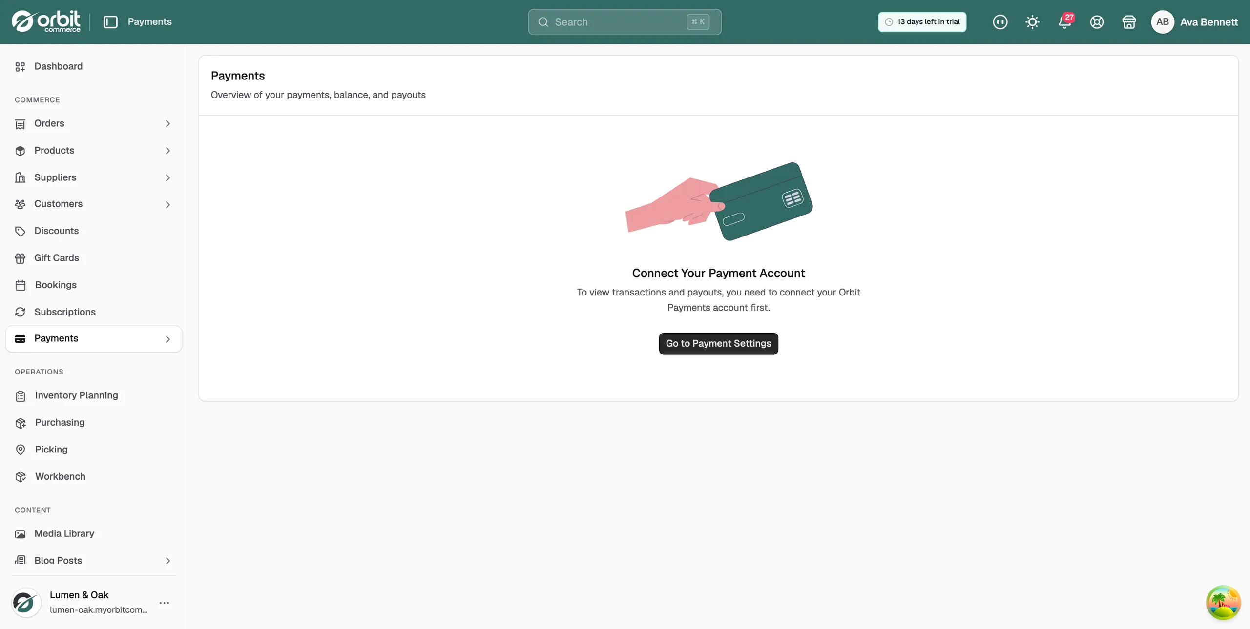 The Payments section open in the Orbit dashboard
