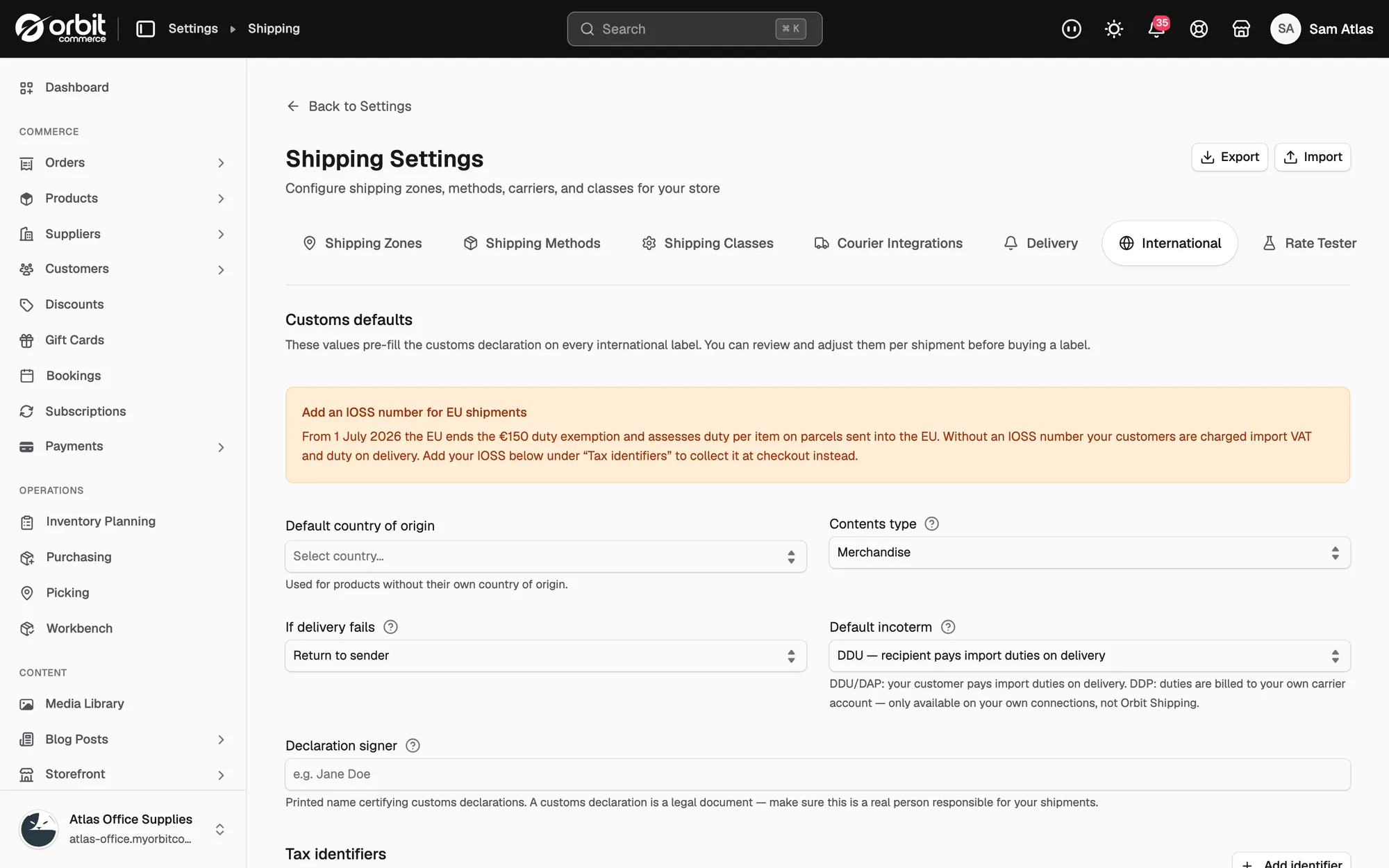 The International tab with the IOSS notice above the customs defaults.