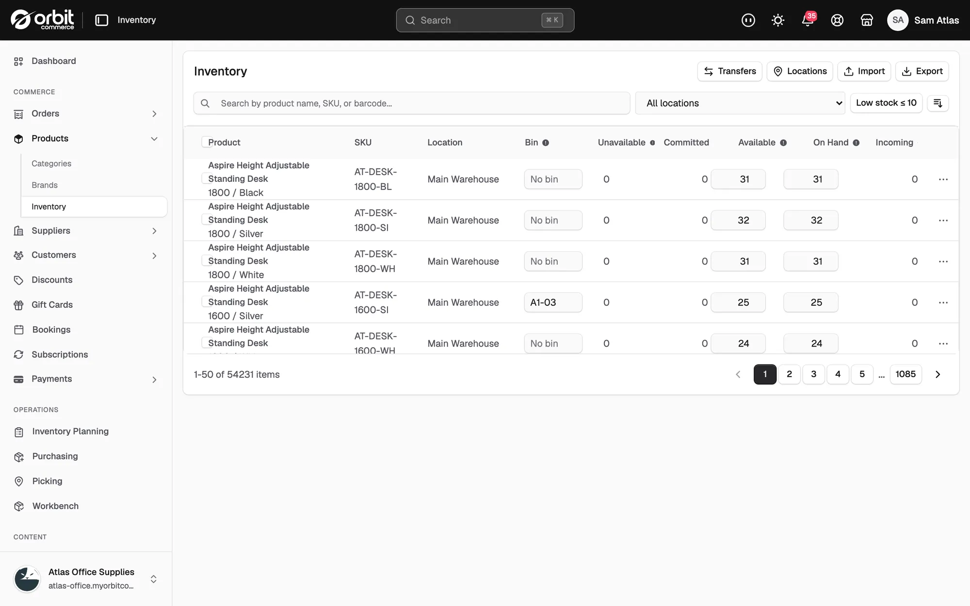 The Inventory page with the Import and Export buttons above the stock table.