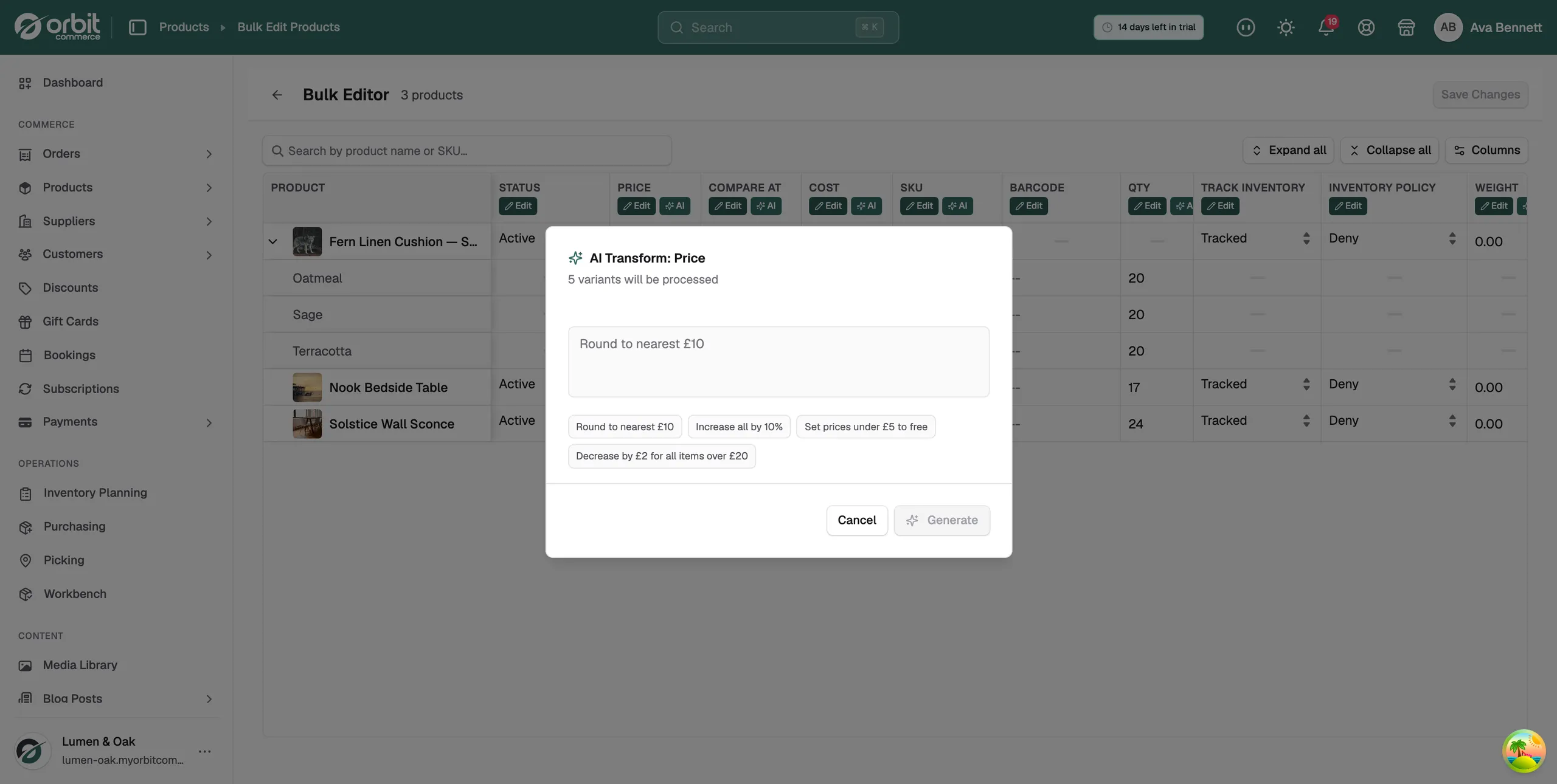 The AI Transform: Price dialog. It reads 5 variants will be processed, has a text box for your request, four suggestion buttons, and Cancel and Generate buttons.