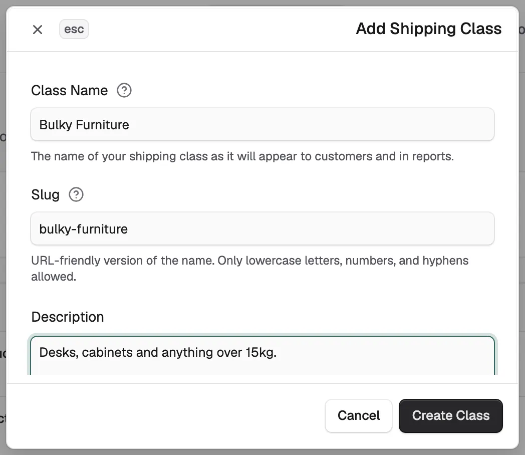 The Add Shipping Class window with a class name, its slug and a description filled in.