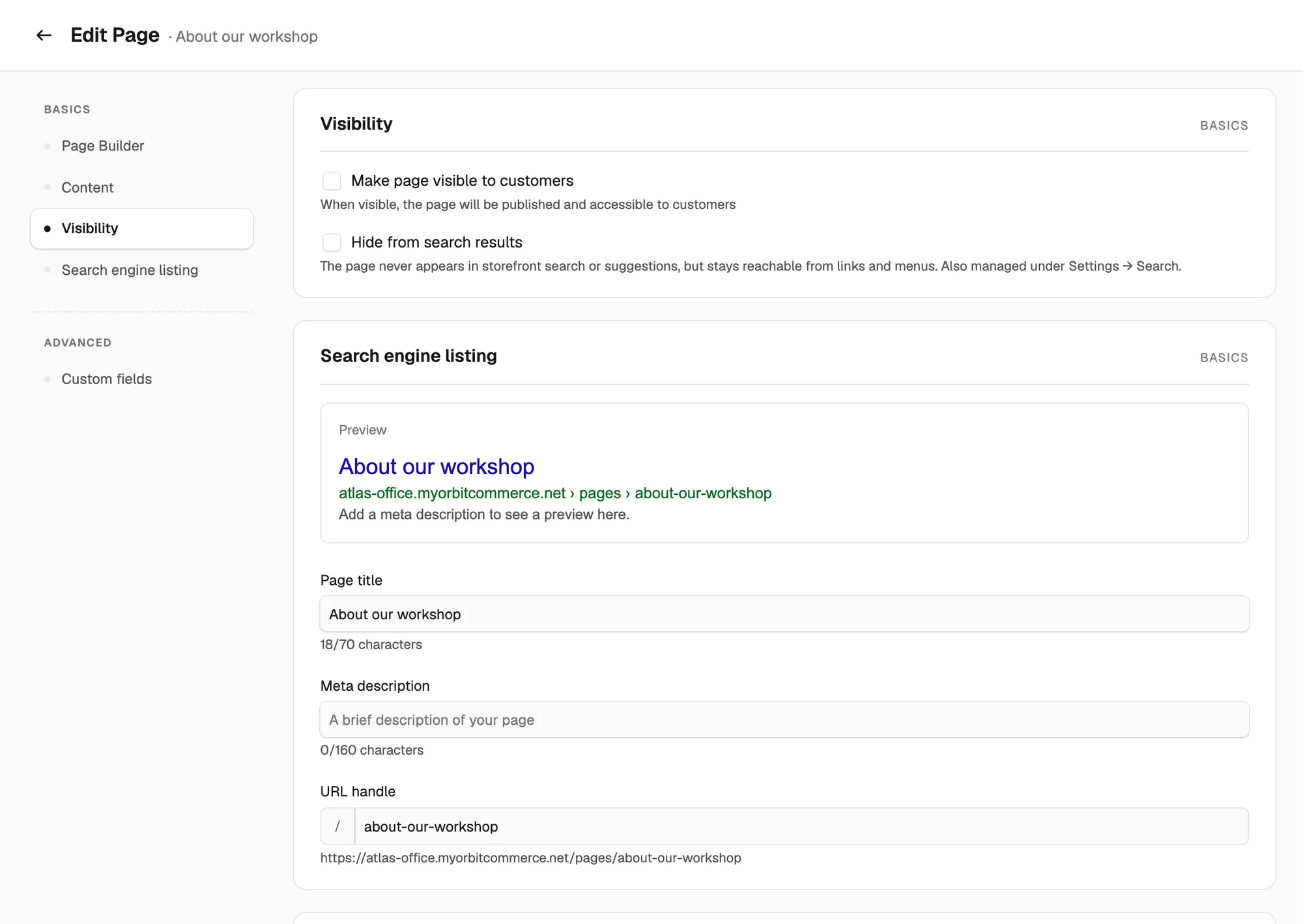 The Visibility and Search engine listing sections of the Edit Page screen.