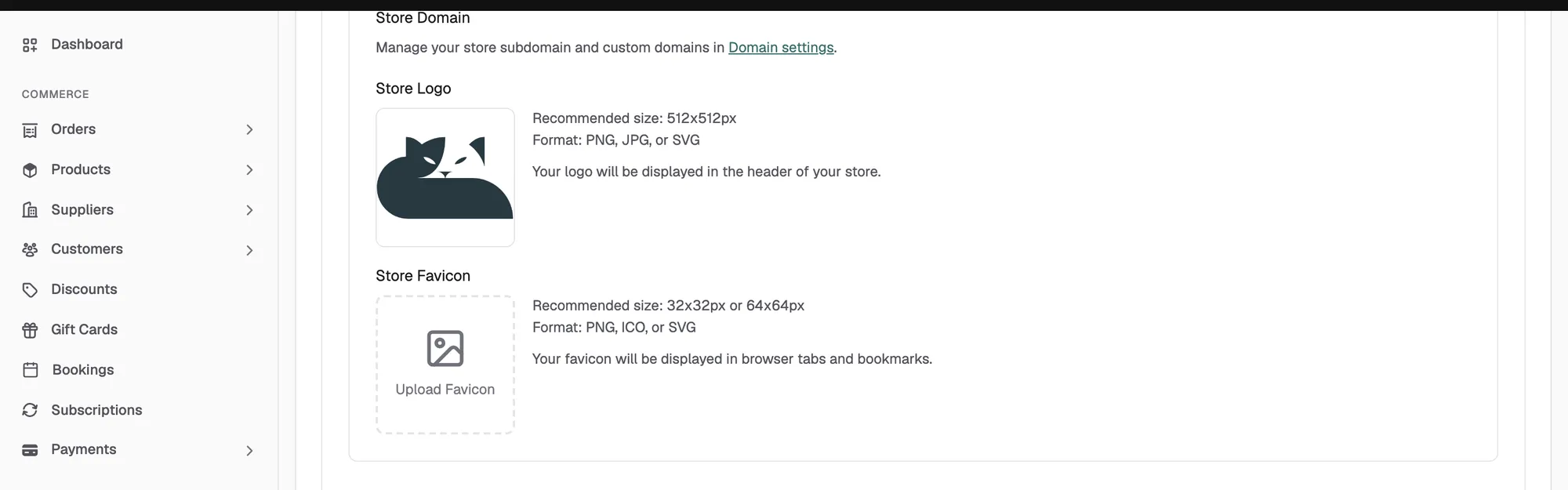 The Store Logo and Store Favicon fields on the Store Information tab, with the Upload Favicon box.