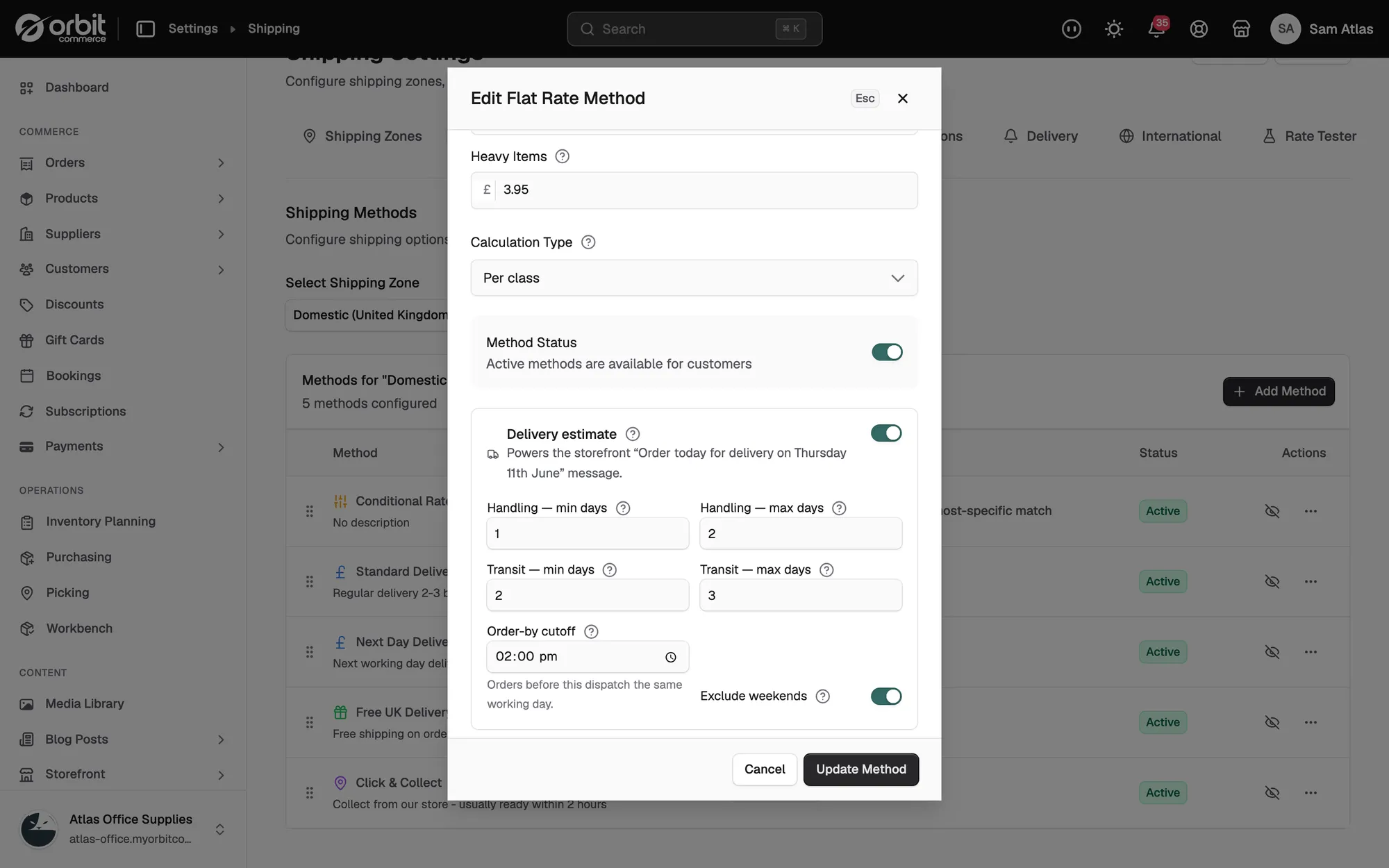 The Delivery estimate part of a flat rate shipping method, with handling days, transit days and an order-by cutoff.