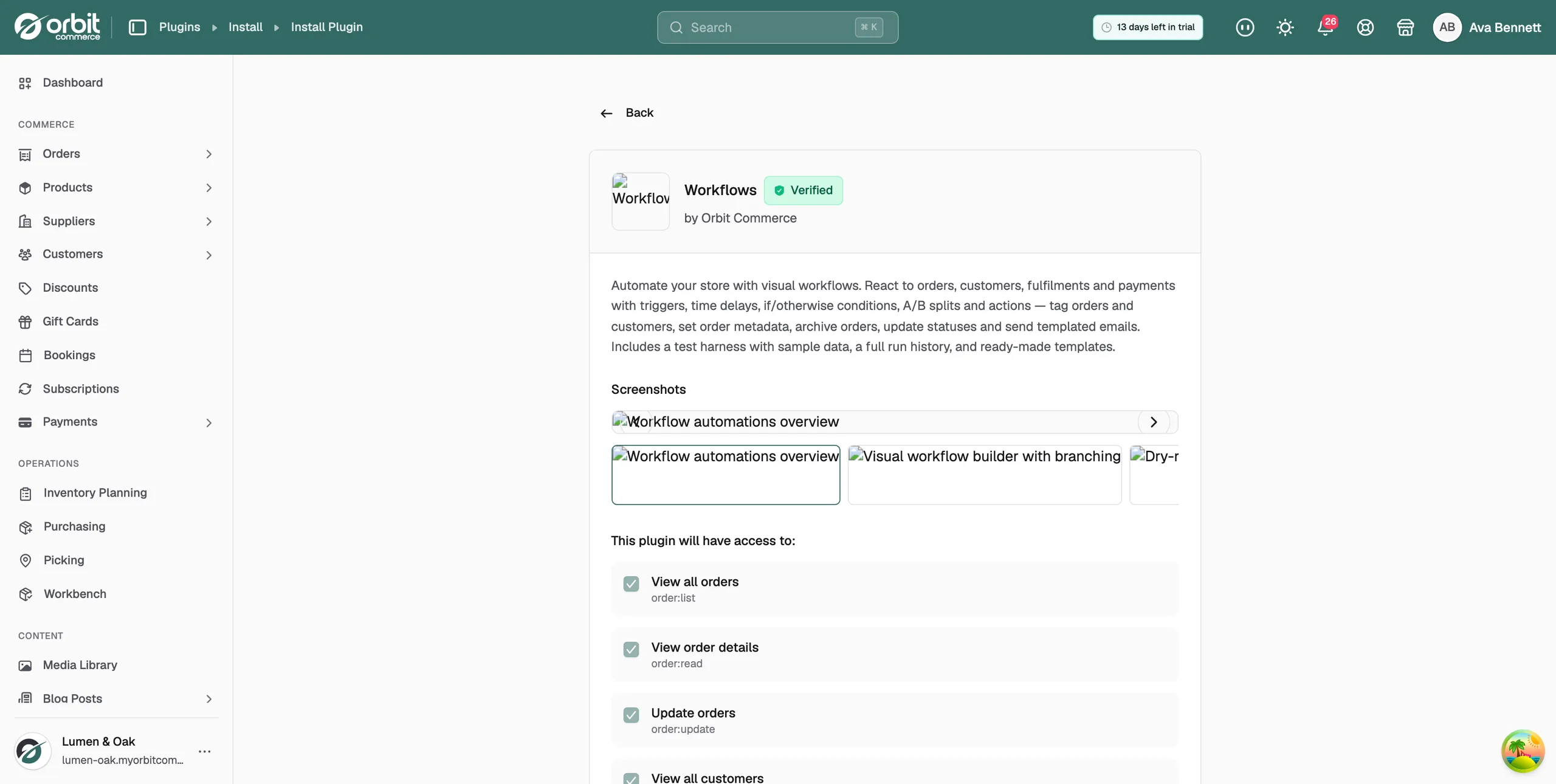 The Workflows plugin details page, showing the Verified badge, the description and the permissions the plugin will have access to